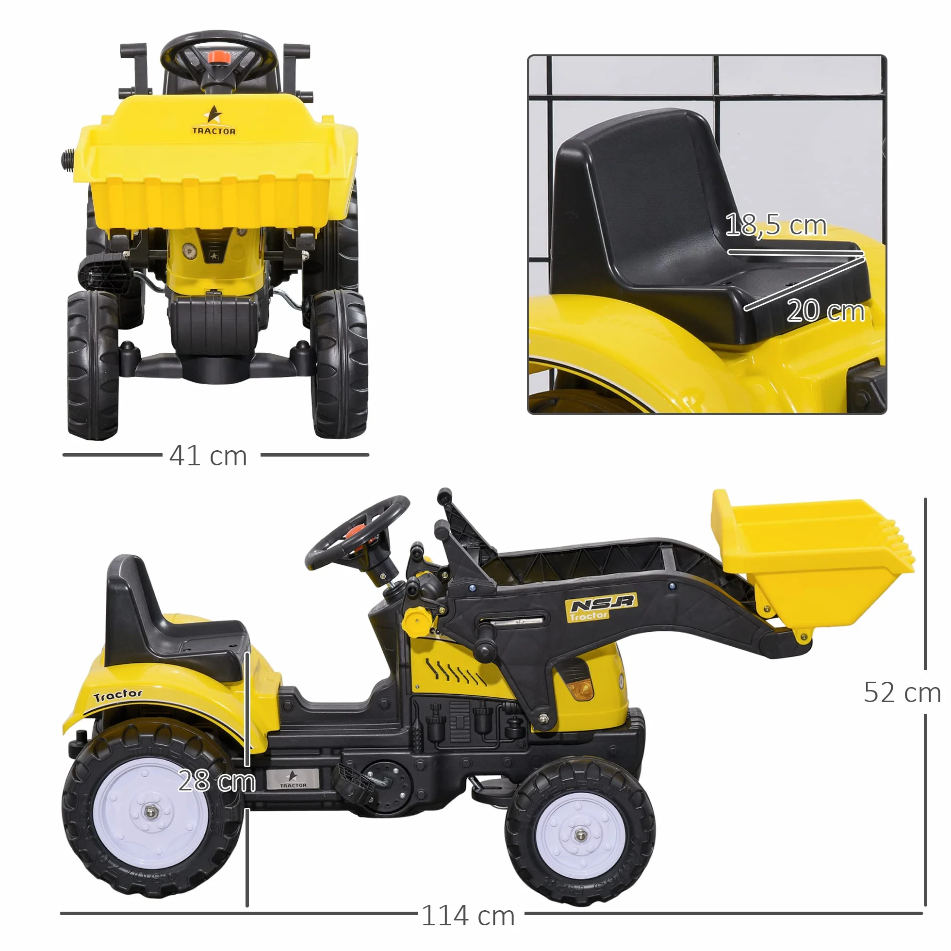 HOMCOM Tractor a Pedales para Niños de 3 Años Excavadora Camión con Pala Delantera Juguete de Montar Coche de Pedales Carga 35 kg 114x41x52 cm Amarillo