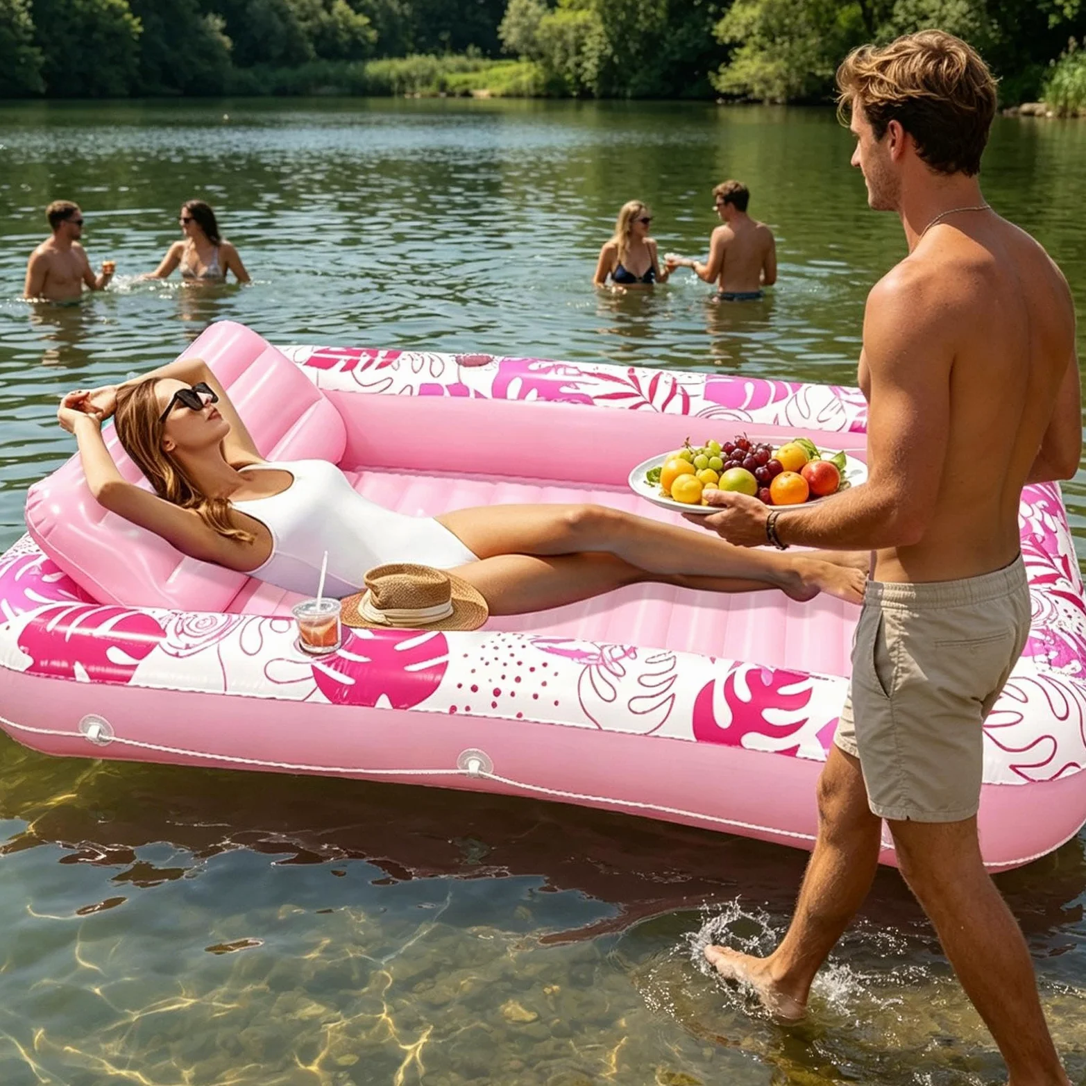Genérico Flotador Lounge Inflable con Almohada Y Portavasos - Patrón Hoja Monstera | 176x114cm Flotador Inflable para Tomar El Sol para Río, Lago, Playa, Réjouissance, Vacaciones