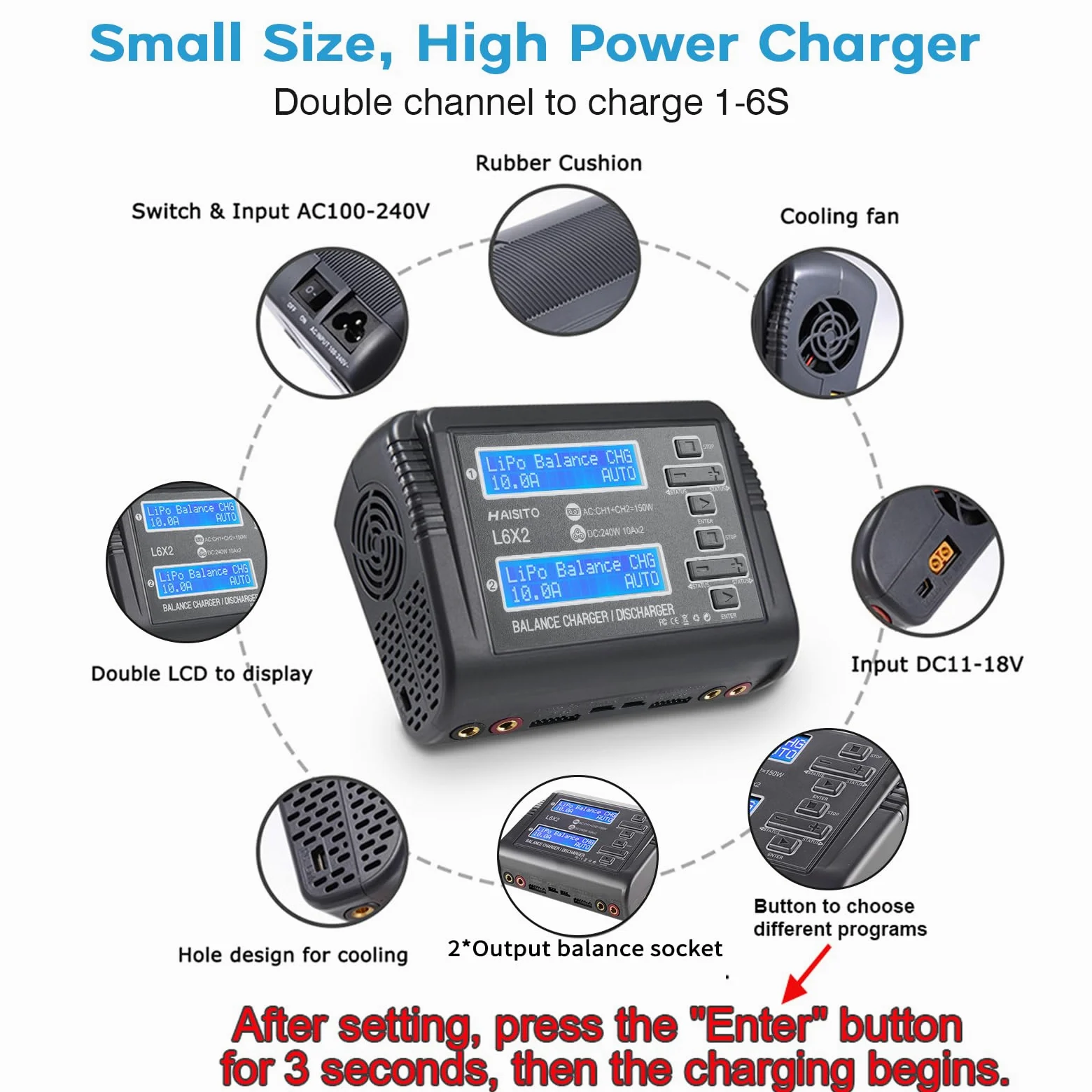 Haisito L6X2 Duo RC Balance Cargador/Descargador para Lilon LiPo Life LiHV NiCd NiMH PB Smart Batería Dual Multicargador AC 150W DC 240W 10A x 2