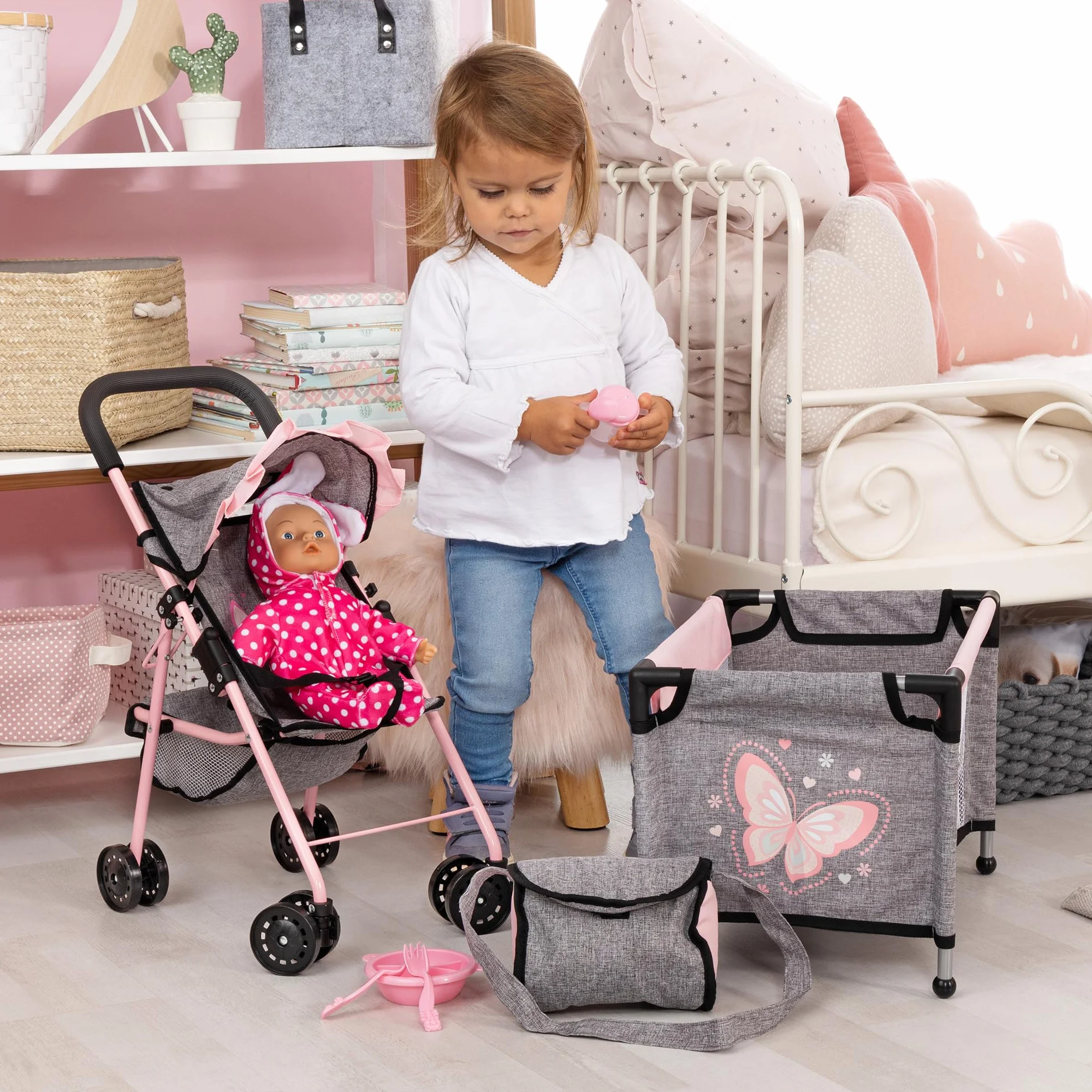 Bayer Design Sillita de Paseo para Muñecas con Cama, Alfombra y Bolsa