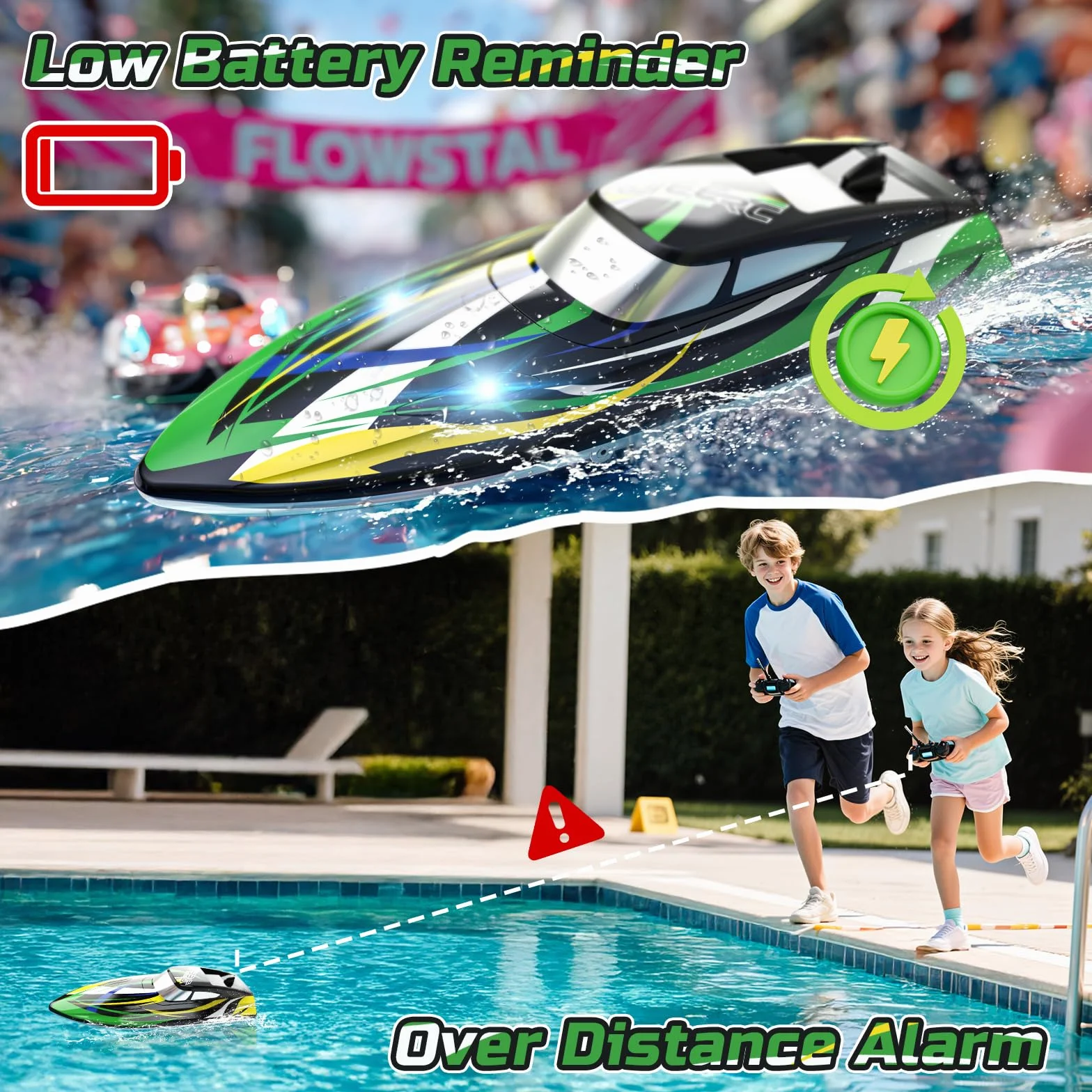 DEERC - Barco teledirigido de alta velocidad con luces LED, barco de carreras RC rápido autorectificador, 2 baterías para más de 24 minutos de autonomía, mando a distancia de 2,4 GHz, juguete para