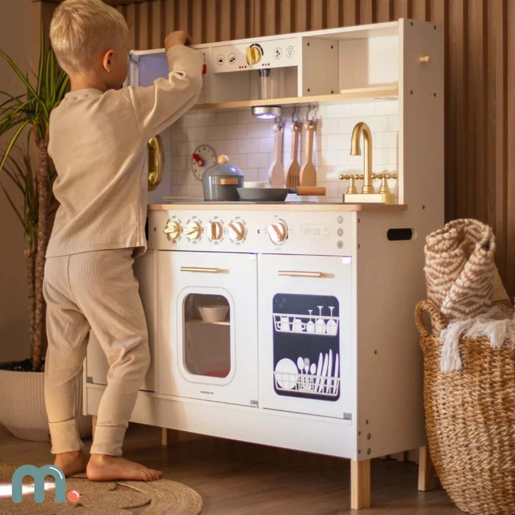 Mamabrum Cocina de Juguete para Niños de Madera con Luces LED - Juguetes Cocina Niños Interactiva con Altura Ajustable - Incluye Microondas, Lavavajillas y Accesorios - 104cm