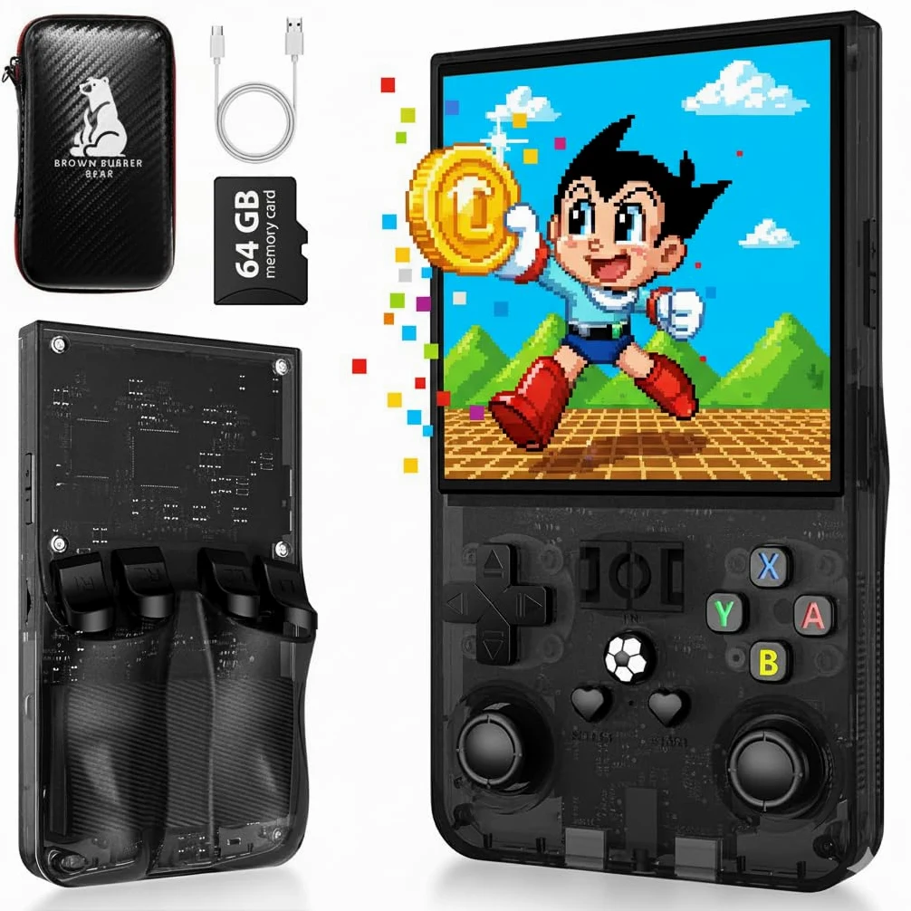 Brown Rubber Bear Consola Retro Portátil R36MAX 2026 con más de 15.000 juegos y Funda Protectora, Pantalla IPS HD de 4 pulgadas, 64 GB de Memoria, Batería de 4000 mAh hasta 6 h, Linux optimizado.