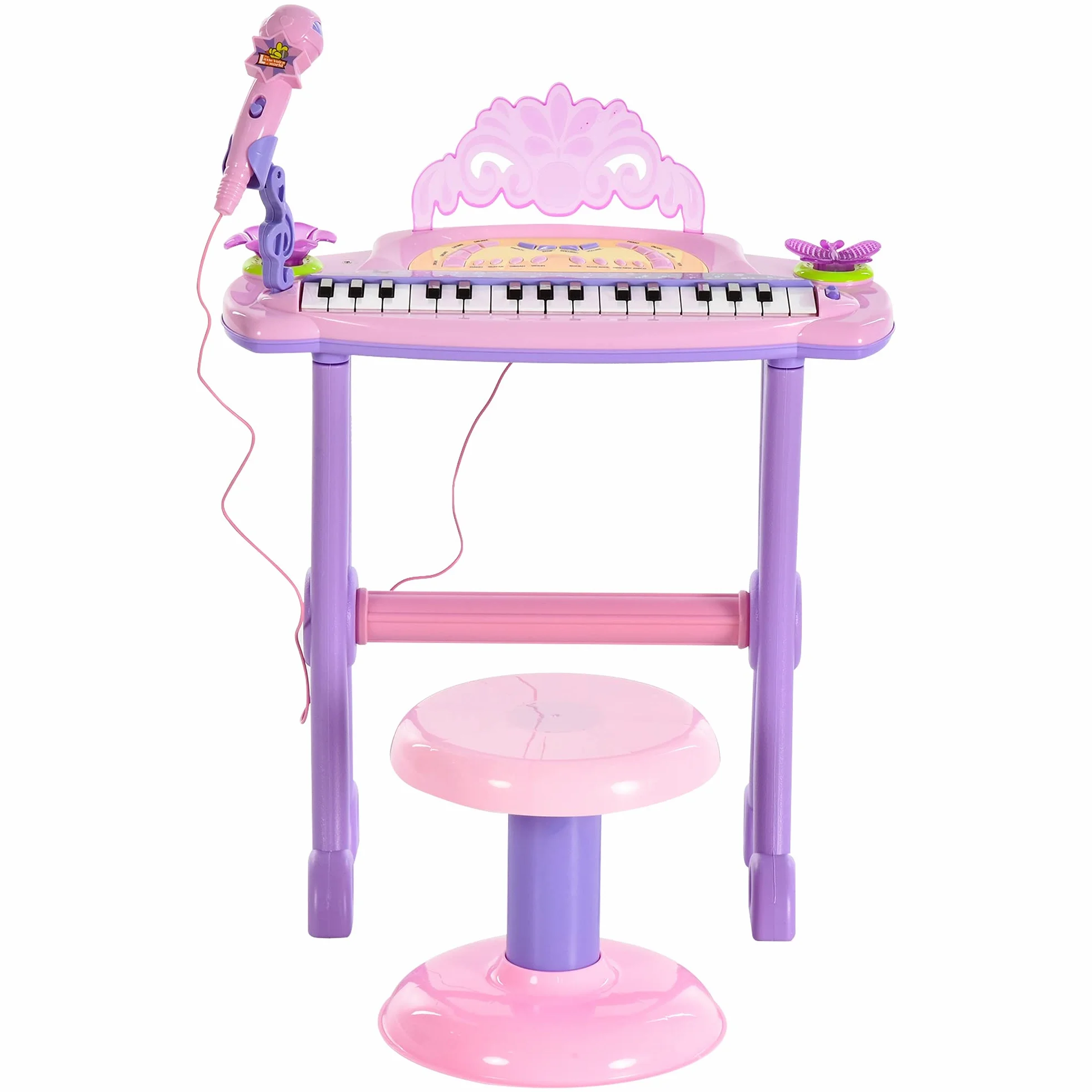 HOMCOM Teclado Electrónico Infantil 32 Teclas Juguete Musical Piano Infantil Piano para Niños con Micrófono Taburete Luces Variedad Sonidos Rítmos Melodias MP3 Karaoke Modo de Enseñanza Rosa