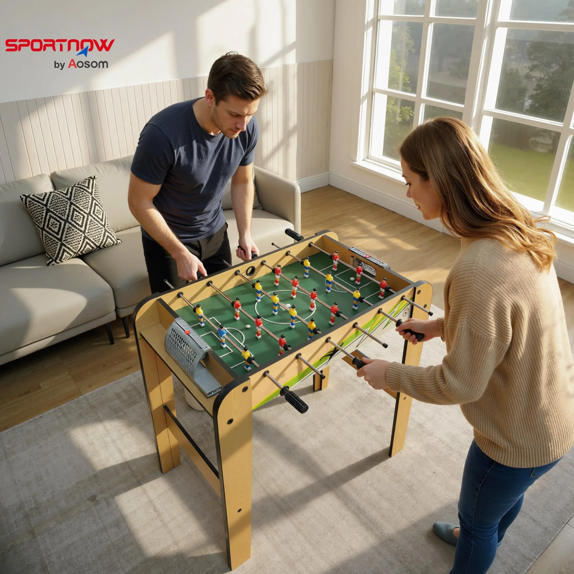 SPORTNOW Futbolín para Niños de Madera, Mesa de Futbolín con 2 Marcadores, 6 Asas, 18 Jugadores, 6 Barras y 2 Bolas, Regalo para Adultos, Familias, Fiestas, 75x66x75 cm, Natural