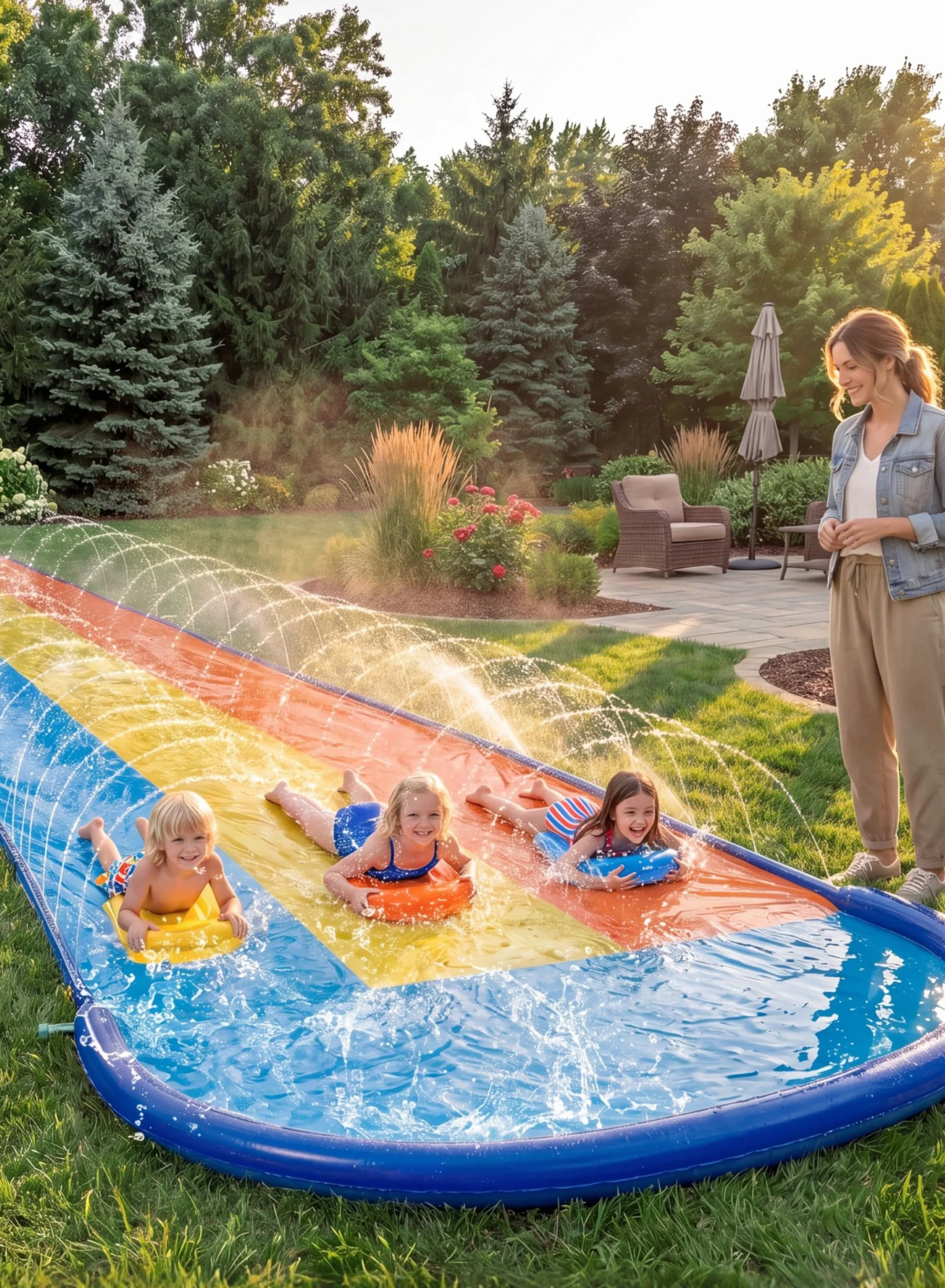 Sloosh 18ft/548cm Tobogán Triple con 3 Tablas, tobogán acuático para césped con rociador para niños y Adultos, Juguete de Verano para diversión al Aire Libre