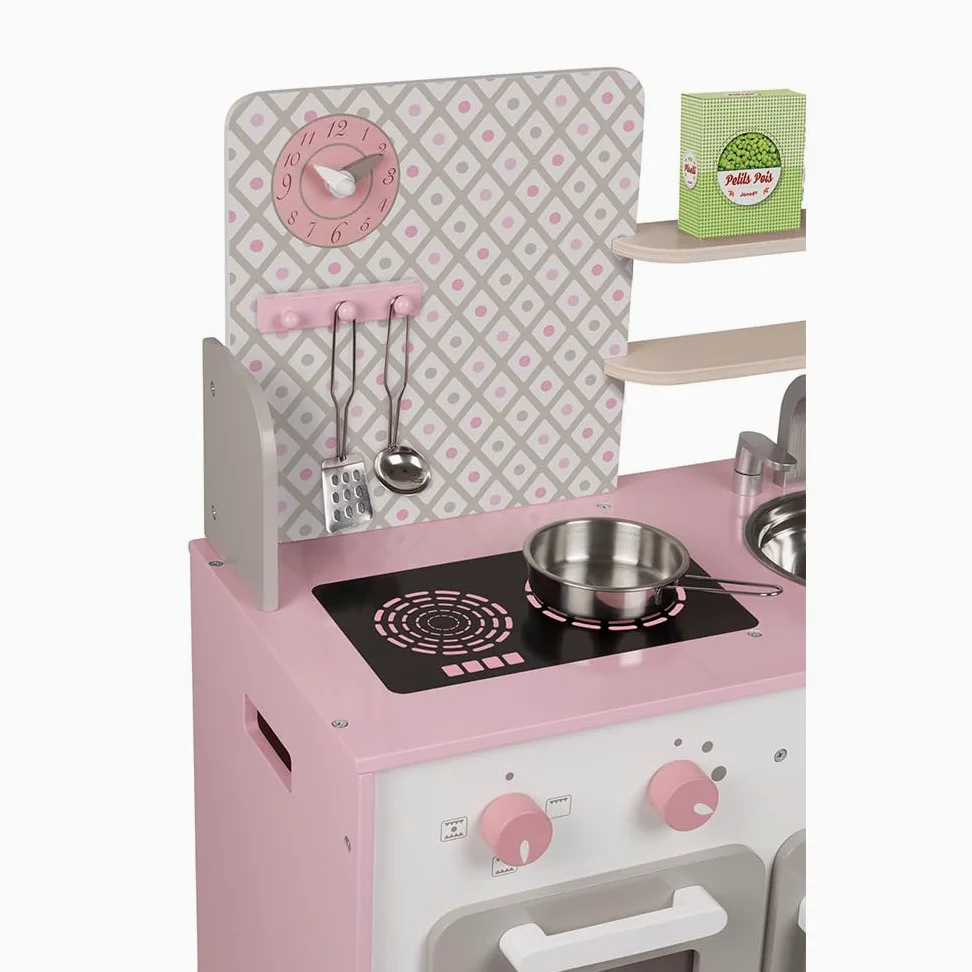 Janod - Cocina Infantil de Madera Macaron - Equipada con Nevera y Microondas - Con Sonidos - Imitación y Desarrollo - 5 Accesorios Incluidos - Desde 3 años, J06567, Rosa y Blanco