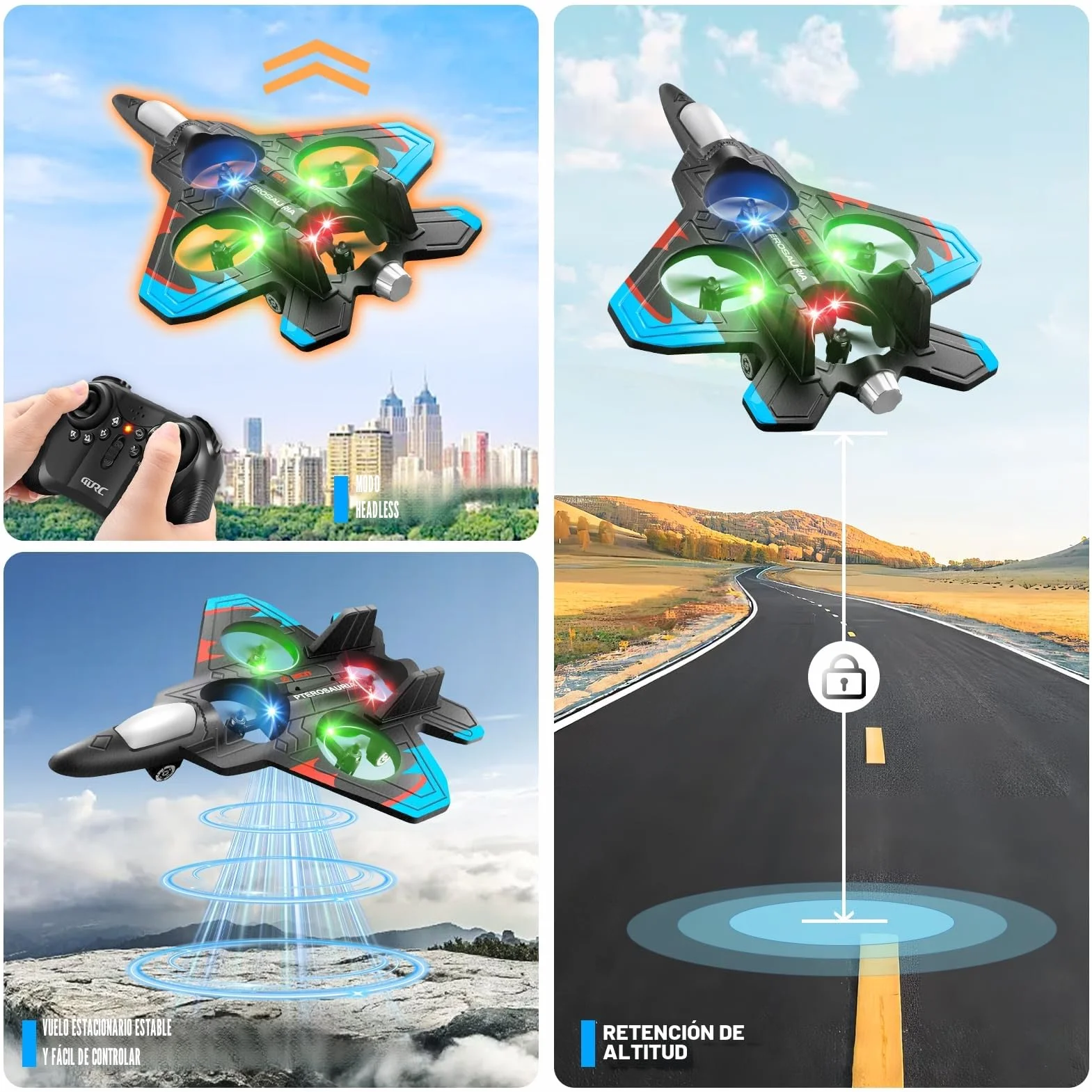 4DRC Avión V32 Controlado por Radio, para Niños >8 Años, Jet con Luces, Giro 360°, Mantenimiento de Altura, Modo sin Cabeza, Arranque un Clic, Regalo de Juguete al Aire Libre para Adultos y Niños