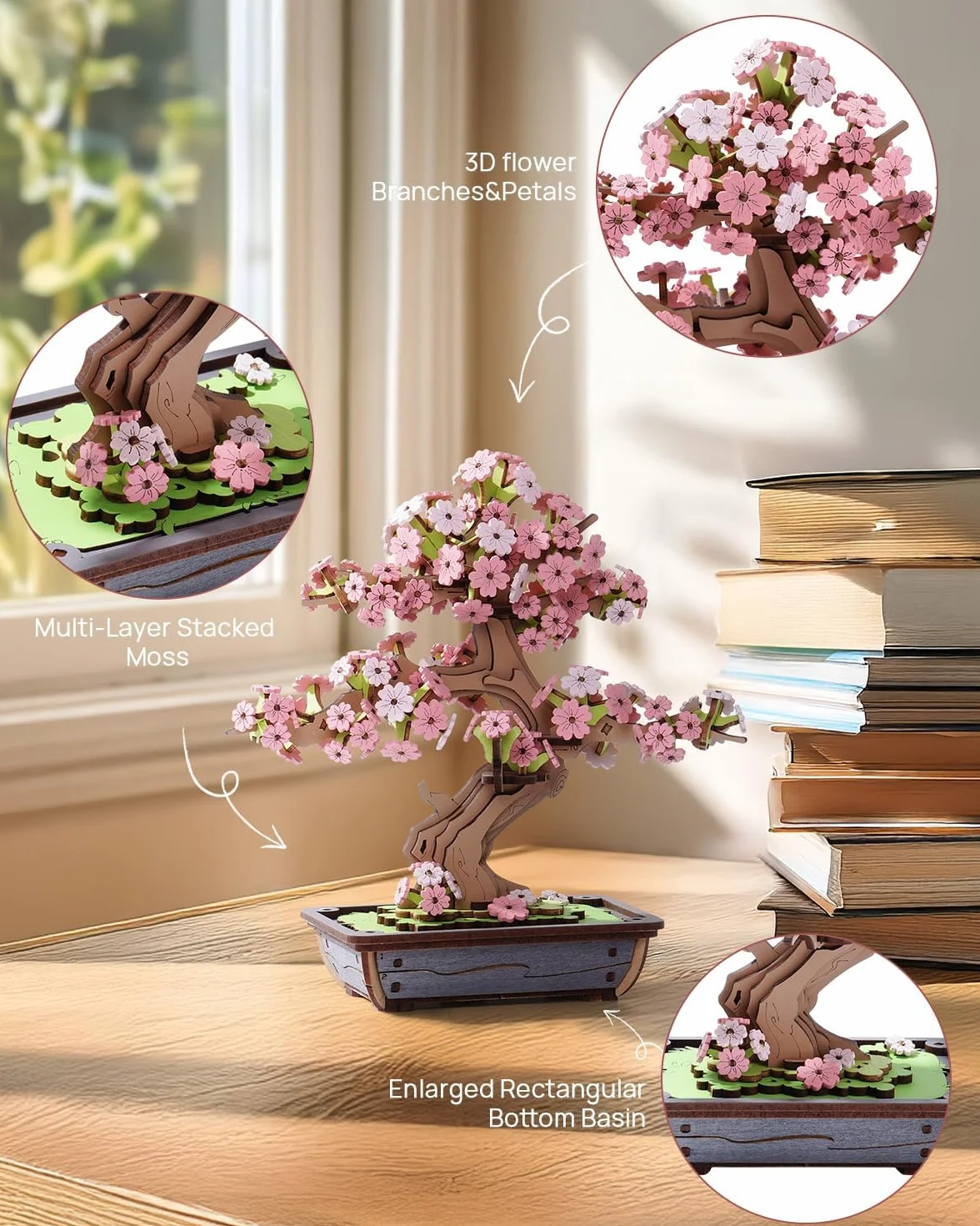 ROWOOD Bonsái de Madera en 3D, Kit de Modelo de Pino para Adultos, CREA tu Propio Kit de construcción de artesanía en Madera, decoración única para el hogar (Bonsái de Sakura)