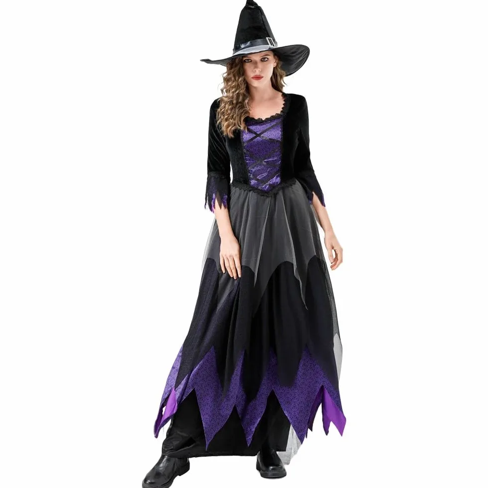 Generisch Disfraz de bruja para mujer, elegante vestido de cosplay gótico, vestido de Halloween con encaje de manga larga
