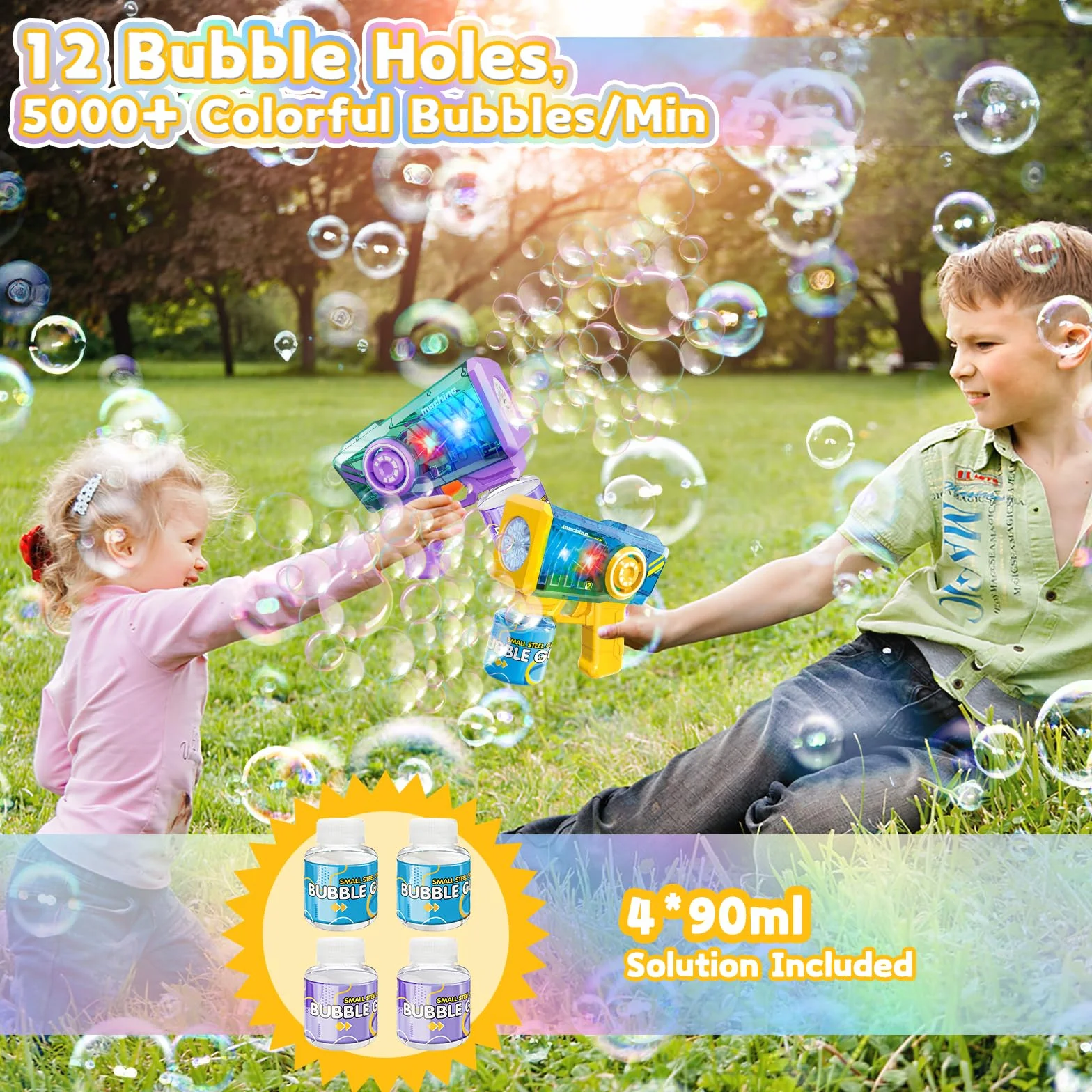 deAO 2Pcs Pistola de Burbujas para Niños, Pistola Burbujas LED con Luces, 4 * 90ml Solución, 360°a Prueba de Fugas, Automatic Maquina Burbujas Juguetes Niños Regalos Cumpleaños Boda Juegos Exterio