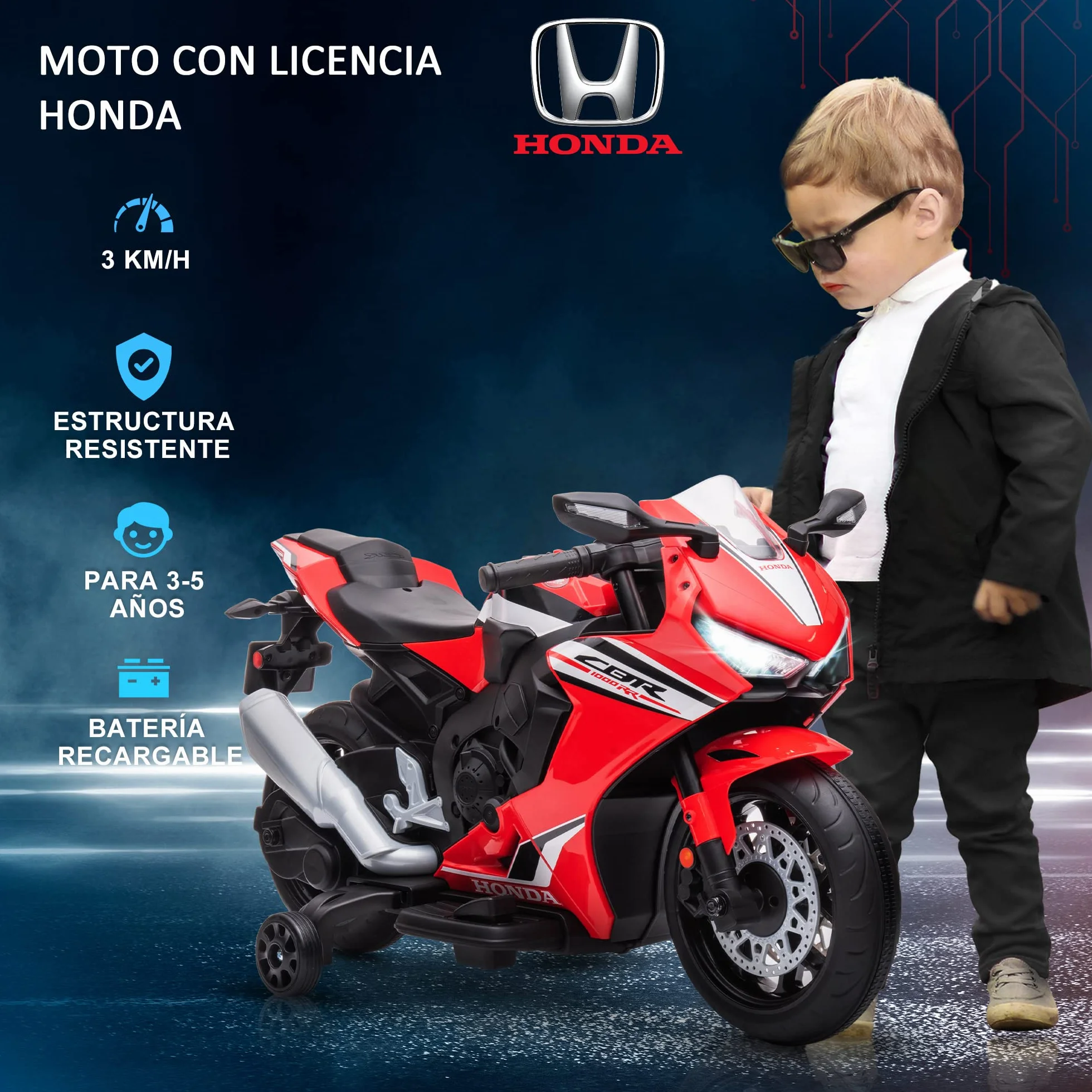HOMCOM Moto Eléctrica con Licencia Honda para Niños de 3-5 Años Moto a Batería 6V con Faro Bocina Música y Ruedas Auxiliares Extraíbles Carga 30 kg 90x44x52 cm Rojo