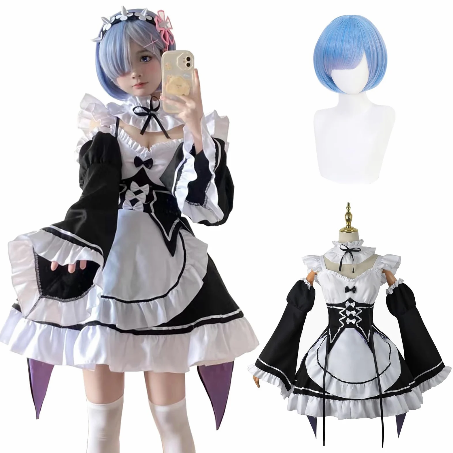 Fiamll Anime Ram Rem Cosplay Disfraz Emilia Outfit Re Life In A Different World From Zero Maid Vestido Uniforme Completo Set Carnaval Dress Up Traje con Peluca para Mujeres Niñas