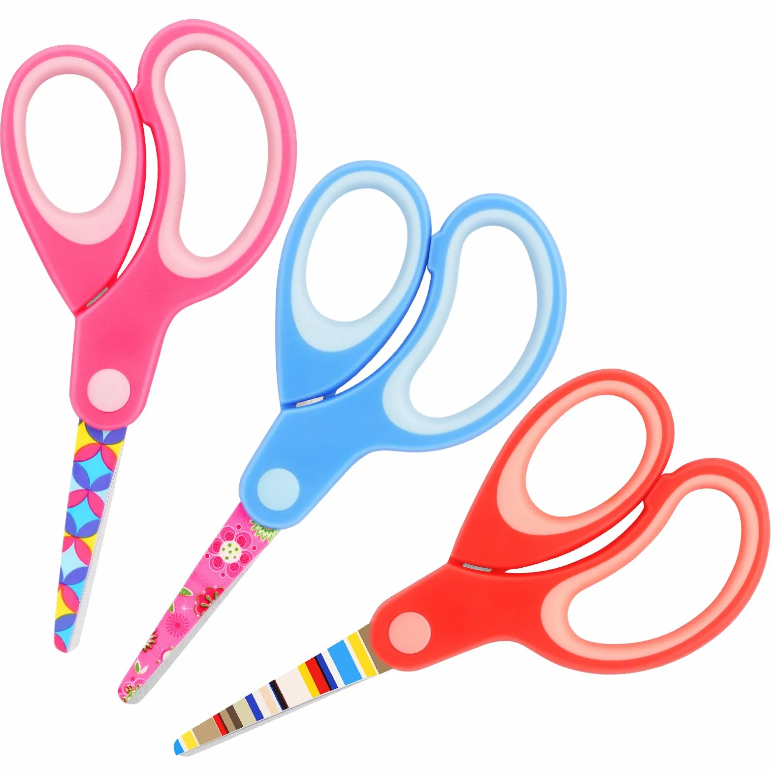 Tijeras para zurdos, tijeras de seguridad para niños, cuchillas de acero inoxidable, empuñaduras suaves, para uso con niños de 3 años en adelante, rosa, azul, rojo, paquete de 3 pares