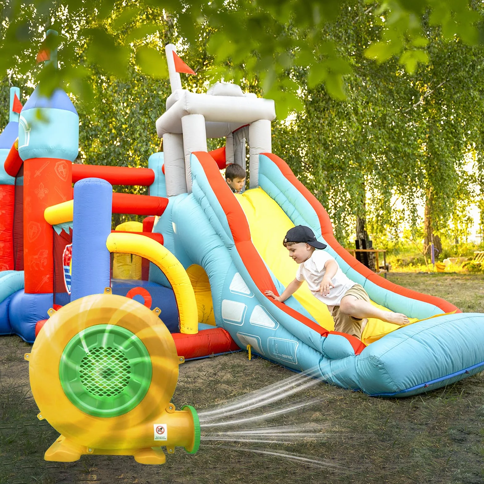 750W Soplador Eléctrico y Bomba de Aire con Mango y Estacas, Ventilador de Extracción Comercial para Castillo Hinchable, Castillo Inflable, Tobogán de Agua