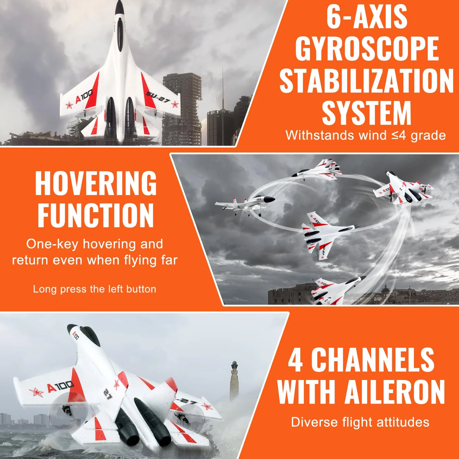VEVOR Avión RC Avión de Control Remoto de 4 Canales de 2,4 GHz con Estabilizador Giroscópico de 6 Ejes Avión de Combate Listo para Volar Juguete con 2 Baterías para Adultos, Niños, Principiantes