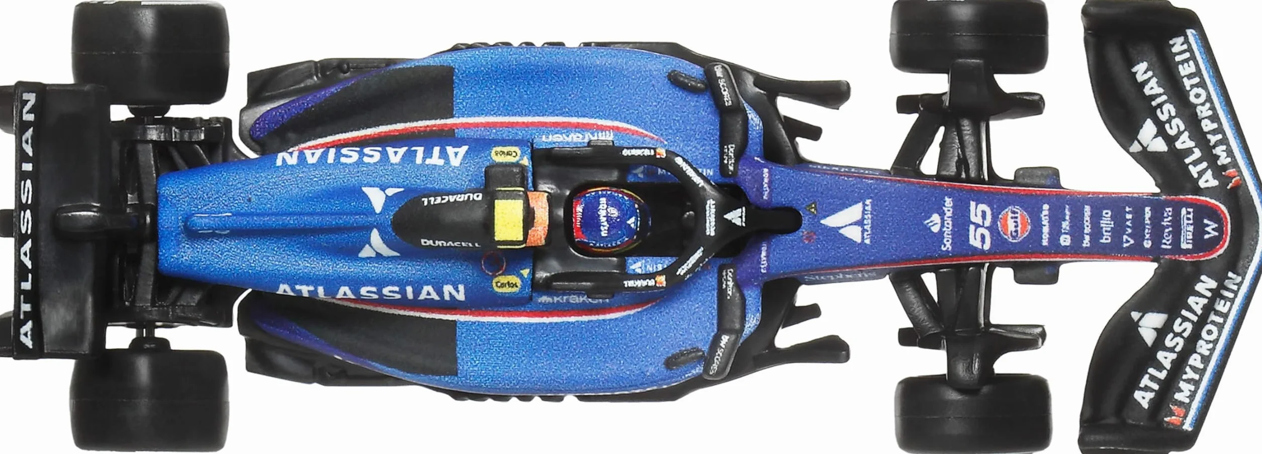 Hot Wheels Formula 1 Atlassian Williams Racing Carlos Sainz #55, Coche de Carreras metálico a Escala 1:64 con neumáticos Real Riders y carrocería metálica, JKD85