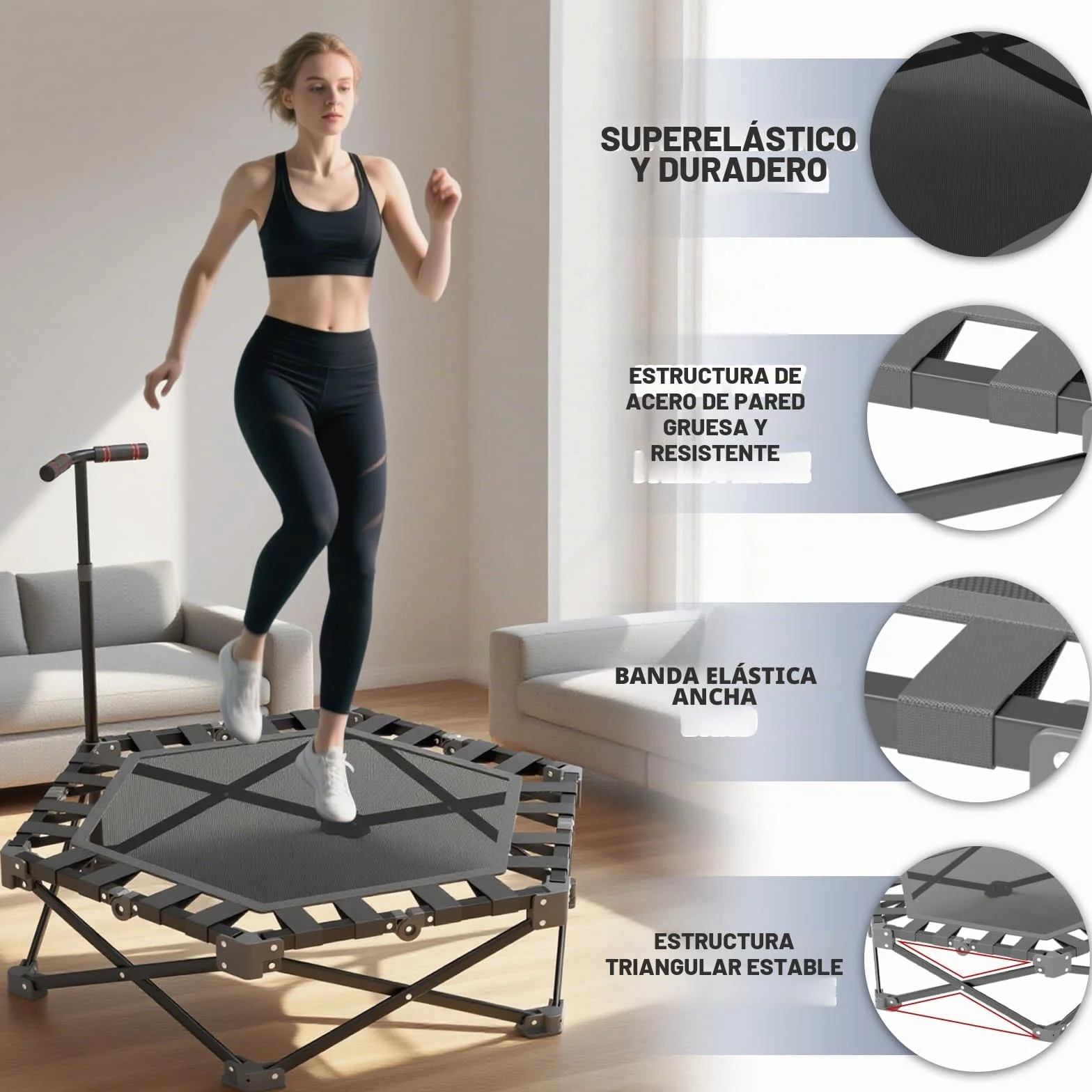 Trampolín de fitness 106 cm para interiores adultos, altura ajustable, plegable, mini reboteador