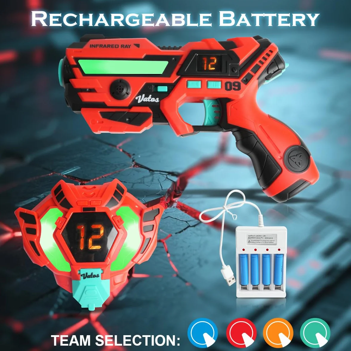 VATOS Recargable Laser Tag Set 4 Packs - En Tiempo Real de Datos Sync Infrarrojos Laser Tag Sets, 4 Jugador Lazer Tag Juego de Disparos para Niños Adolescentes Edad 6-12 años