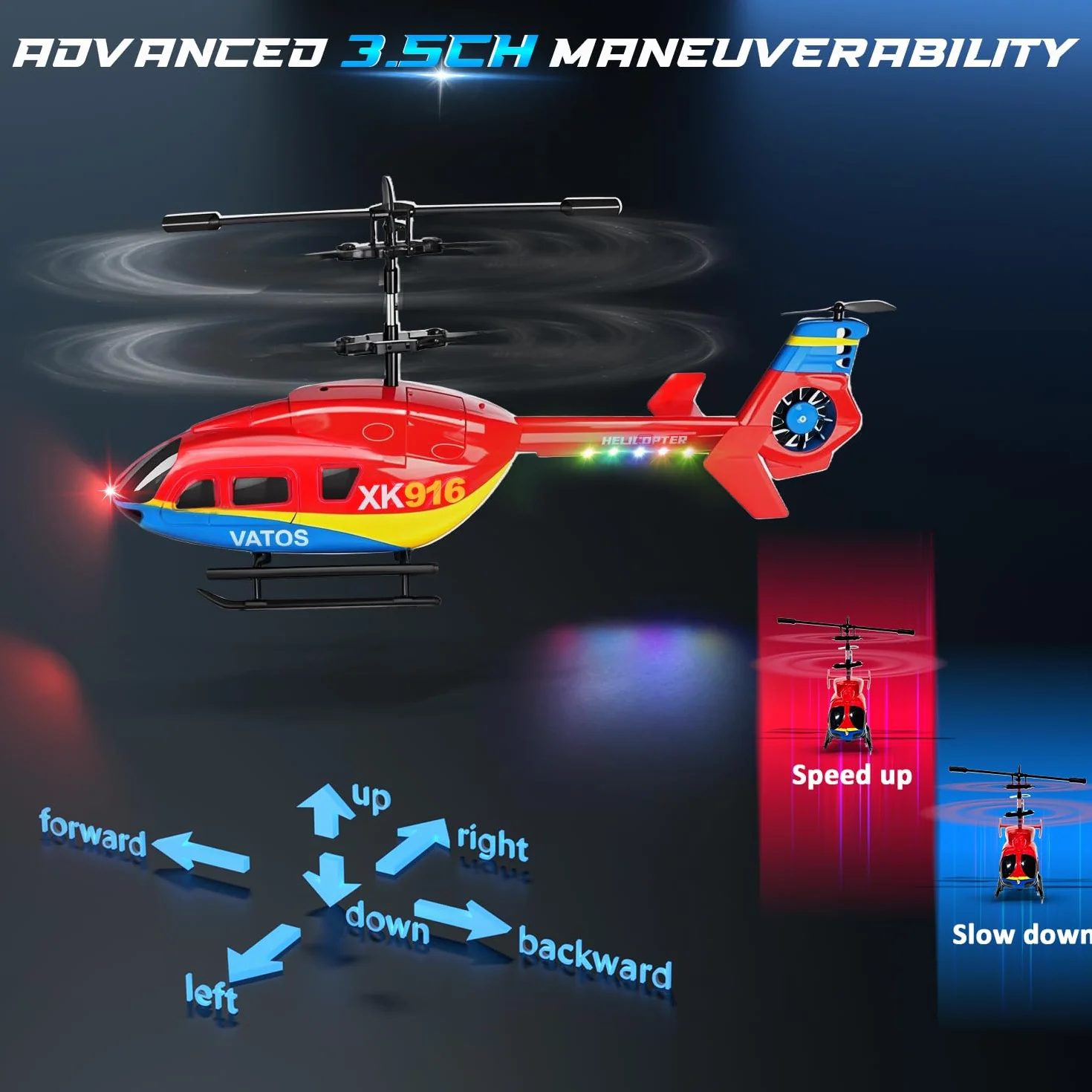 VATOS Helicóptero teledirigido, 2.4GHz Altitud Birdy RC Helicópteros con giroscopio y luz LED, una tecla de despegue y Aterrizaje, 3.5 CH RC Aviones de Juguete para niños Adultos Principiantes