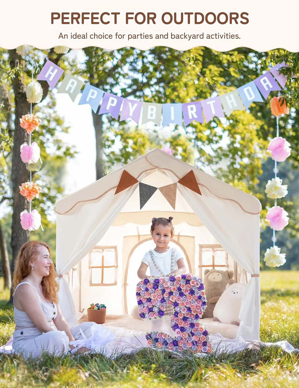 besrey Tienda de Campaña Infantil 2 en1 con Alfombra Acolchada, Luces y Banderas, Casita Infantil Tela de Juegos con 2 Puertas y 4 Ventanas, Cabañas para Niños