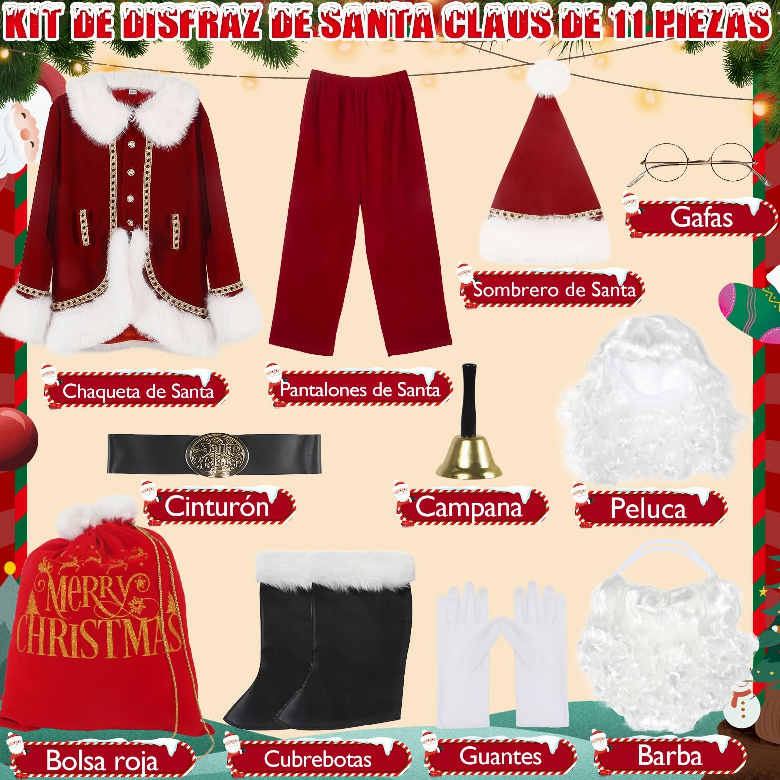 Disfraz de Santa Claus Hombres Traje Profesional y de Lujo de 11 Piezas Ropa Roja para Hombres Conjunto para Adultos Trajes de Papá Noel para Navidad