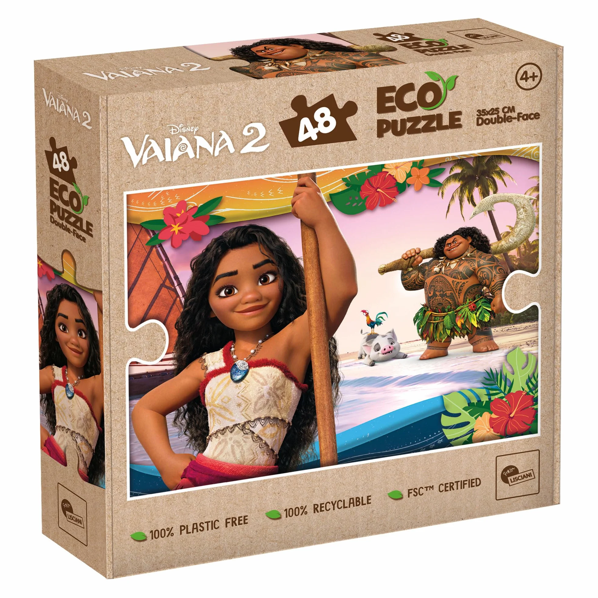 Lisciani - Puzzle DISNEY VAIANA 2 - Puzzle de 48 Piezas de Doble Cara para Niños a Partir de 4 Años - Dorso para Colorear - 25x35 cm - Actividad Creativa - 100% Reciclable - Regalo de Cumpleaños