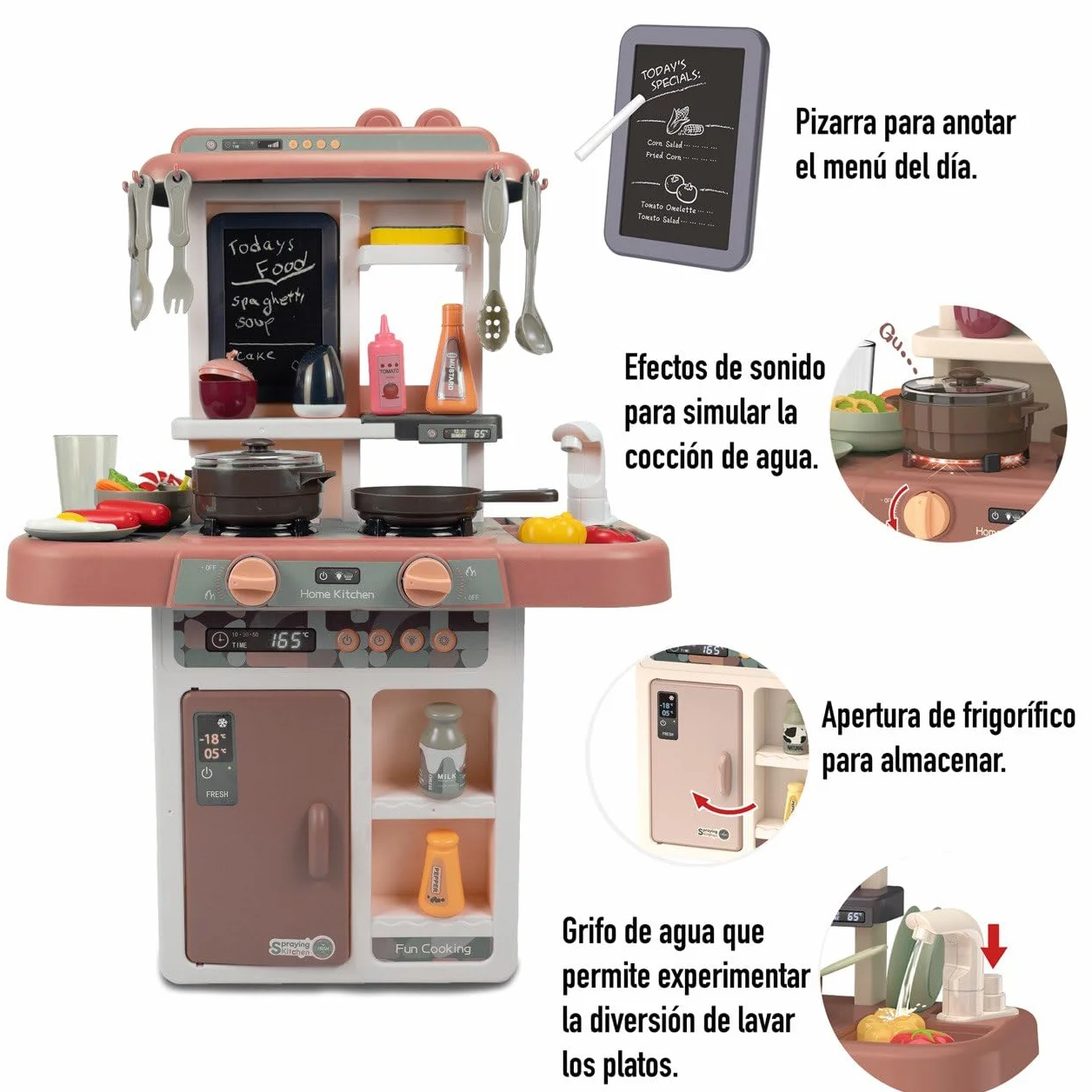 Cocina de Juguete niños Unisex, Incluye 36 Accesorios, fogones eléctricos con simulación de Fuego, Grifo con Bomba de Agua, Pizarra y Mucho más Juguetes + 3 años (Marrón)