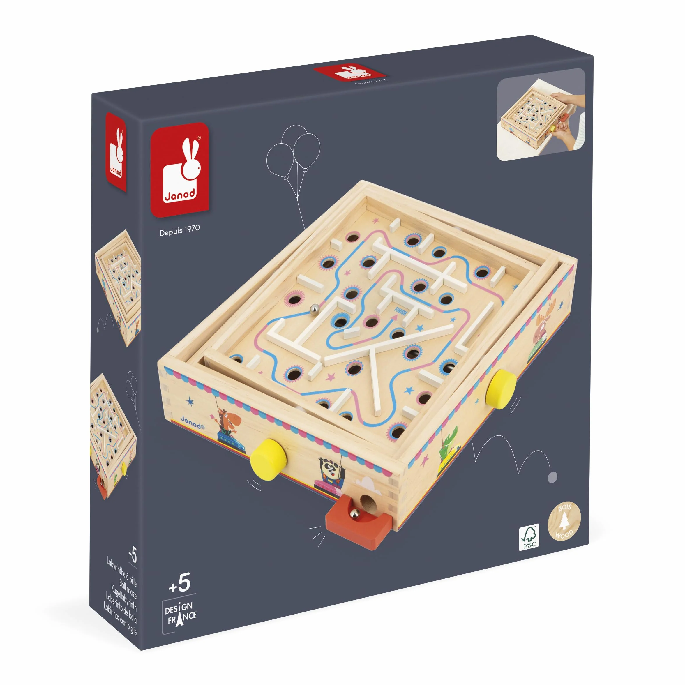 Janod Juego Laberinto de Madera para Niños y Adultos - Juguete Tradicional - Carrera de Canicas - 2 Canicas de Metal Suministradas - Desarrolla la Concentración y la Habilidad - A Partir de 5 años