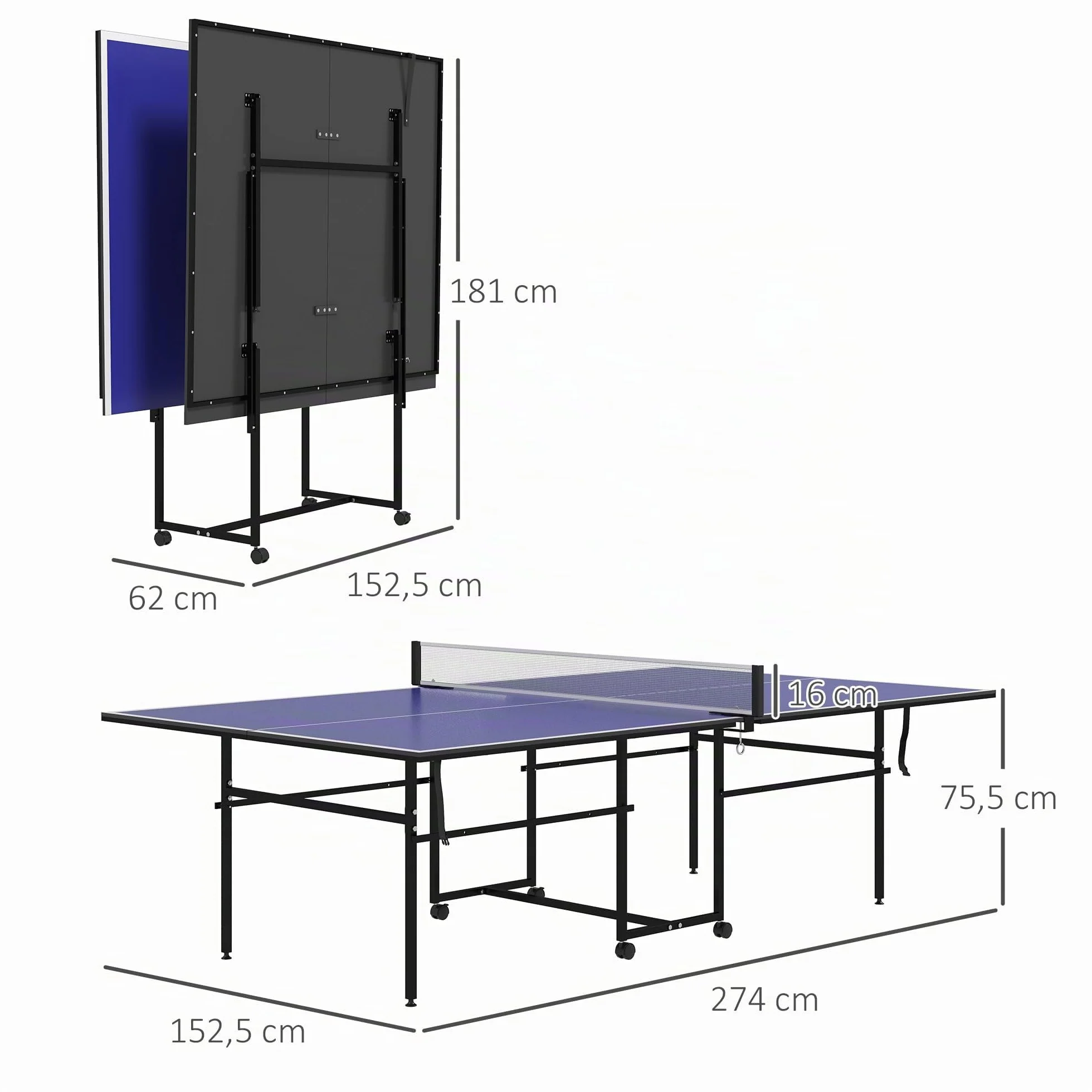 SPORTNOW Mesa de Ping-Pong Plegable Profesional 274x152,5x75,5 cm con 4 Ruedas, 2 Palas, Red y 3 Pelotas Azul