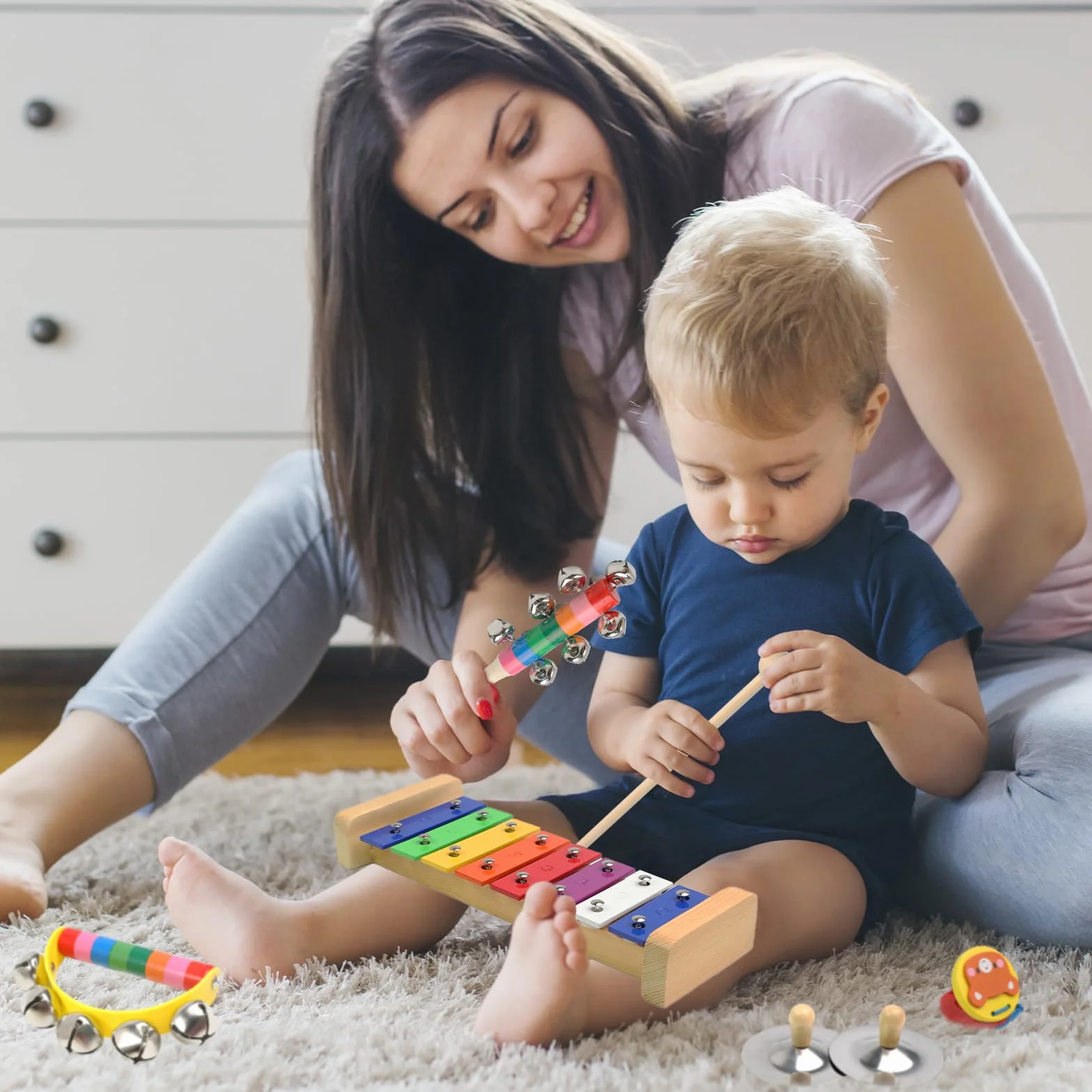 Instrumentos Musicales para bebés, Juguetes Montessori, Instrumentos Musicales de Percusión de Madera de Colores del Arcoíris con Bolsa de Almacenamiento Transparente