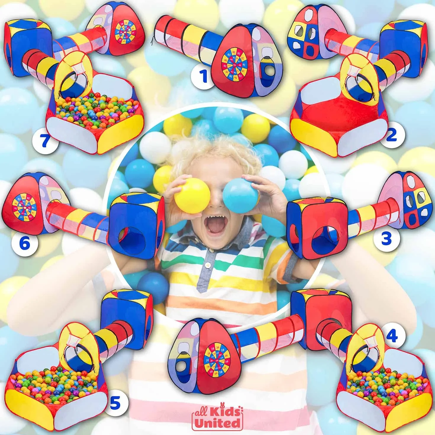 all Kids United® Tienda de campaña con túnel, Piscina de Bolas, túnel para Gatear y más (sin Bolas) XXL playland casa de Juegos Pop-up de 5 Piezas con Bolsa