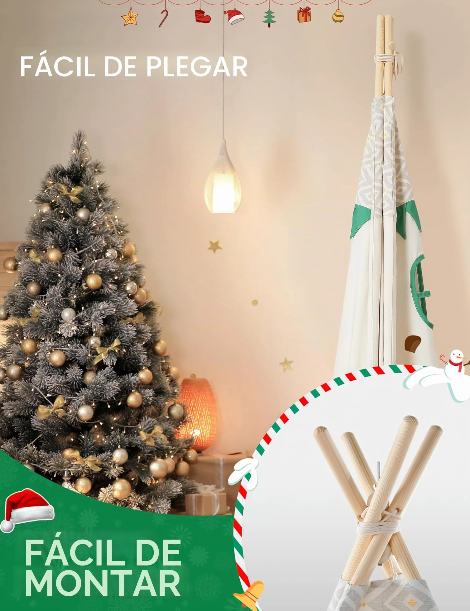 besrey Tipi Infantil Indio para Niños Tienda de Campaña Infantil Canvas Tipi de algodón con Alfombra Acolchado y Luces de Hadas (Verde y Blanco)