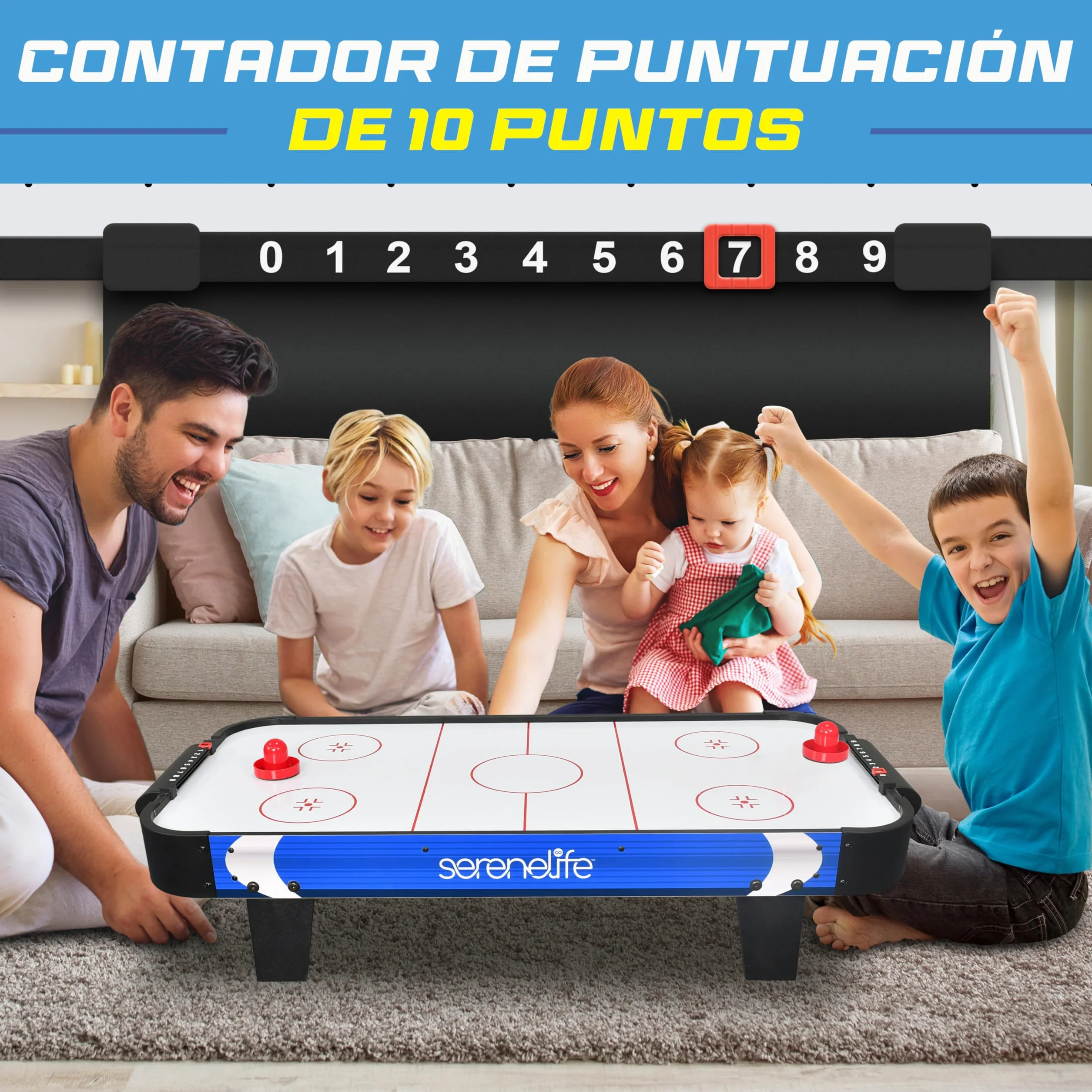 Serenelife Mesa de Hockey de Aire, Motor Dos Veces mas Fuerte, Marcador de Puntos LED Digital, Dispensador de Discos y Accesorios