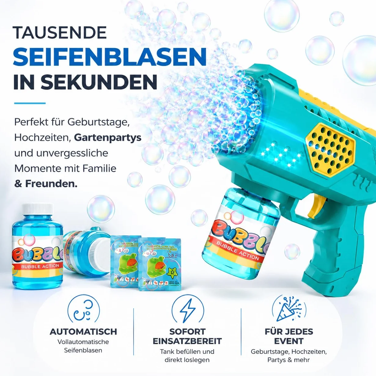 Pistola de burbujas para niños y adultos, para pompas de jabón automáticas y pistola, con depósito, máquina de burbujas de jabón para bodas y cumpleaños