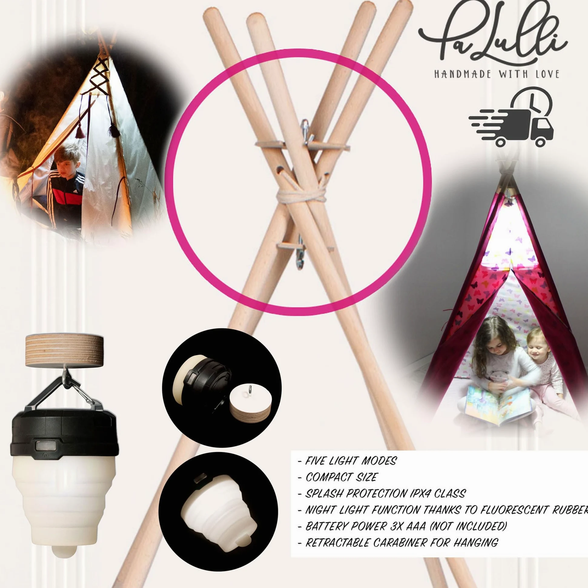 PaLulli Tipi - Tienda de campaña para niños con alfombra y sistema anticolapso y 3 cojines decorativos de lona de algodón (beige)