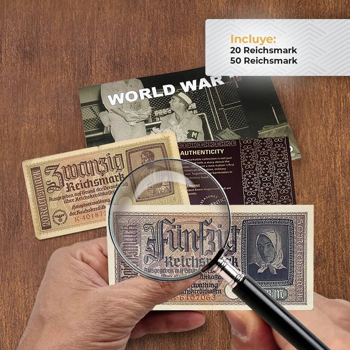 IMPACTO COLECCIONABLES | 2 Billetes Auténticos de la Segunda Guerra Mundial (Invasión del Tercer Reich) | Piezas de Colección Históricas de 20 y 50 Reichsmark con Certificado de Autenticidad