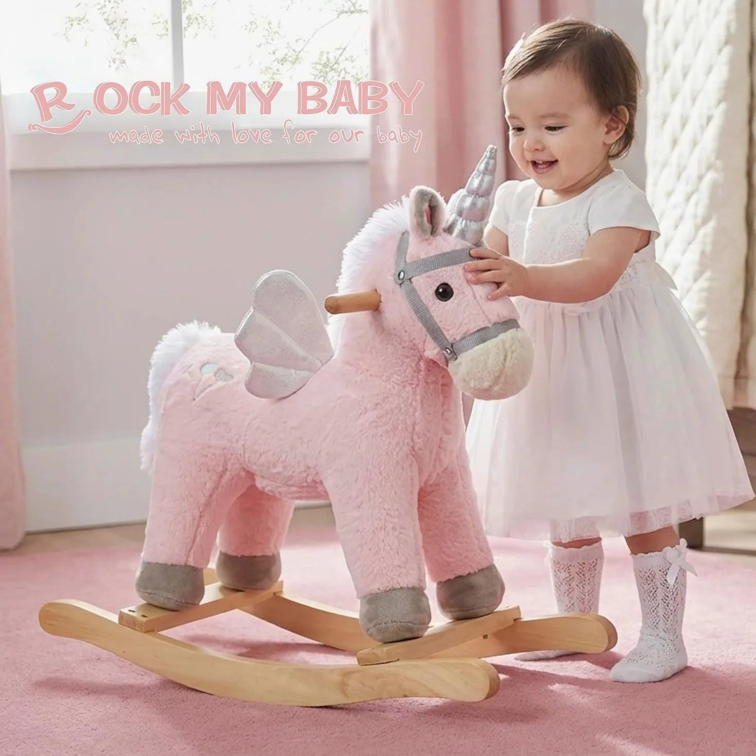 Sacudiendo los caballos, marrón oscuro caballo Rocker para niños pequeños 18M +, juguete de paseo de peluche en caballo con sonido realista, relleno suave (rosa)