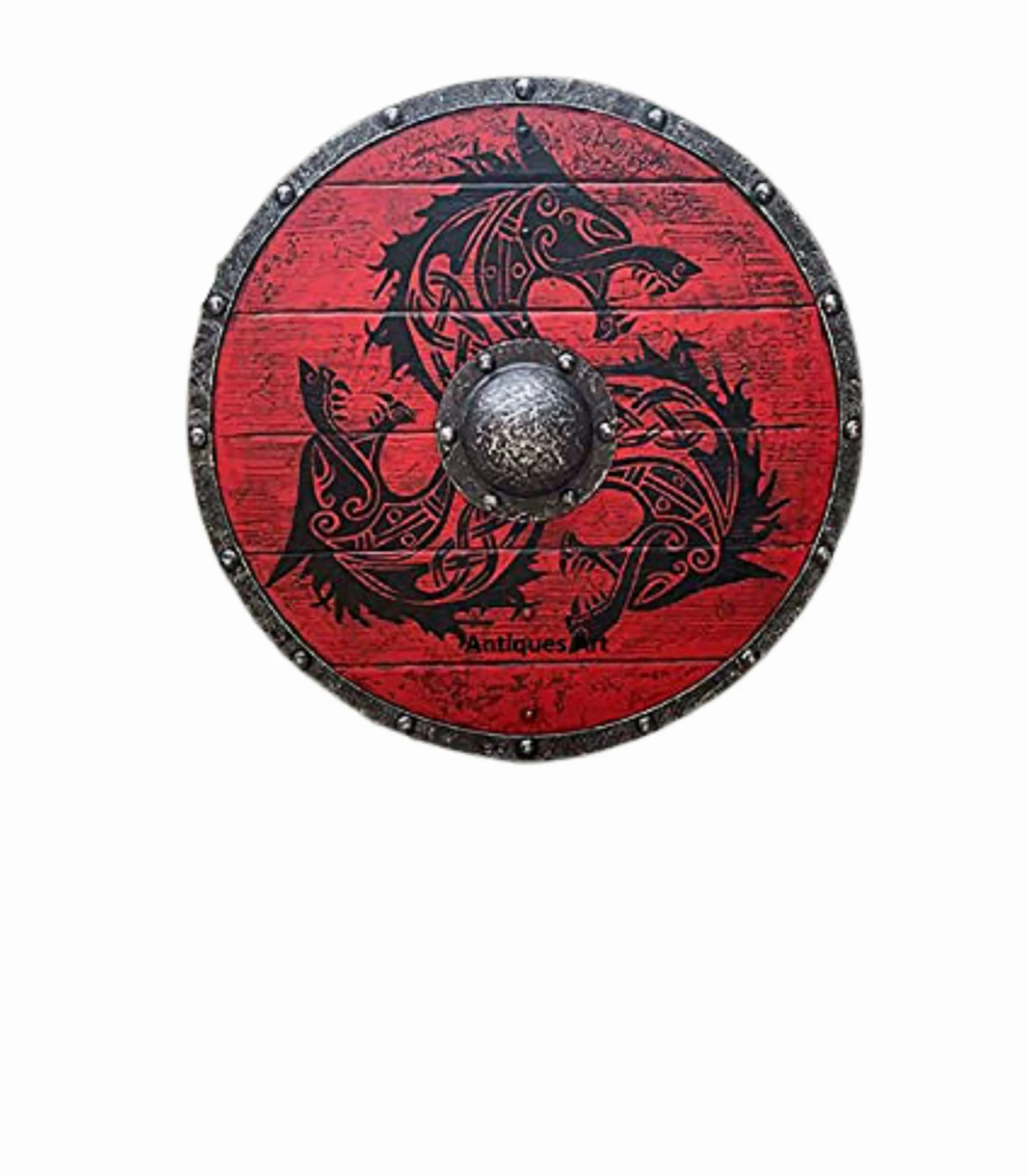 HIGHBIX Medieval Vikings Era - Escudo de adulto de 24 pulgadas, hecho a mano, madera natural y hierro, juego de batalla de Halloween, guerrero, cosplay, rojo oscuro