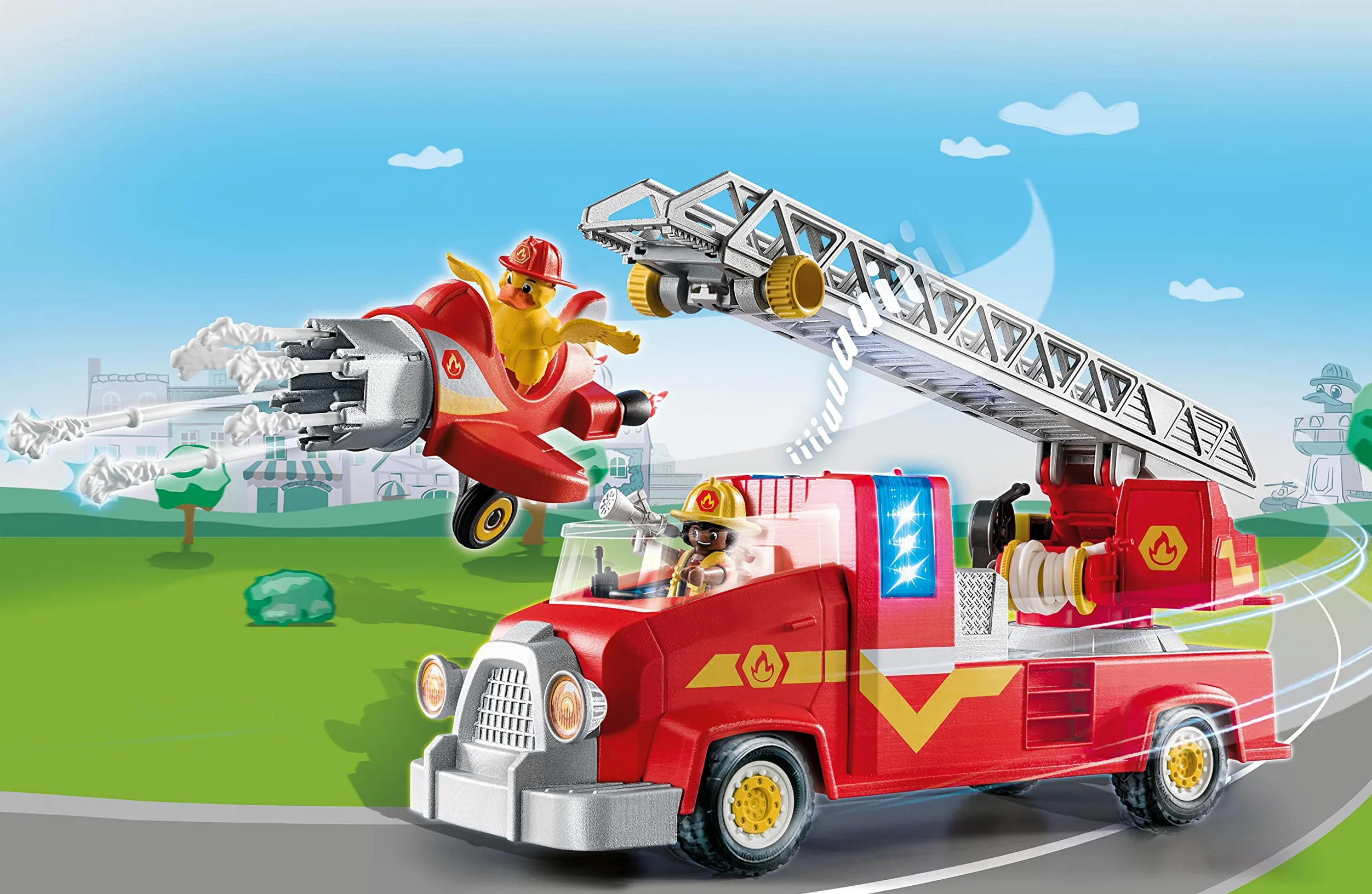 PLAYMOBIL Duck ON Call 70911 Camión de Bomberos con miniavión, con luz y Sonido, Juguete para niños a Partir de 3 años