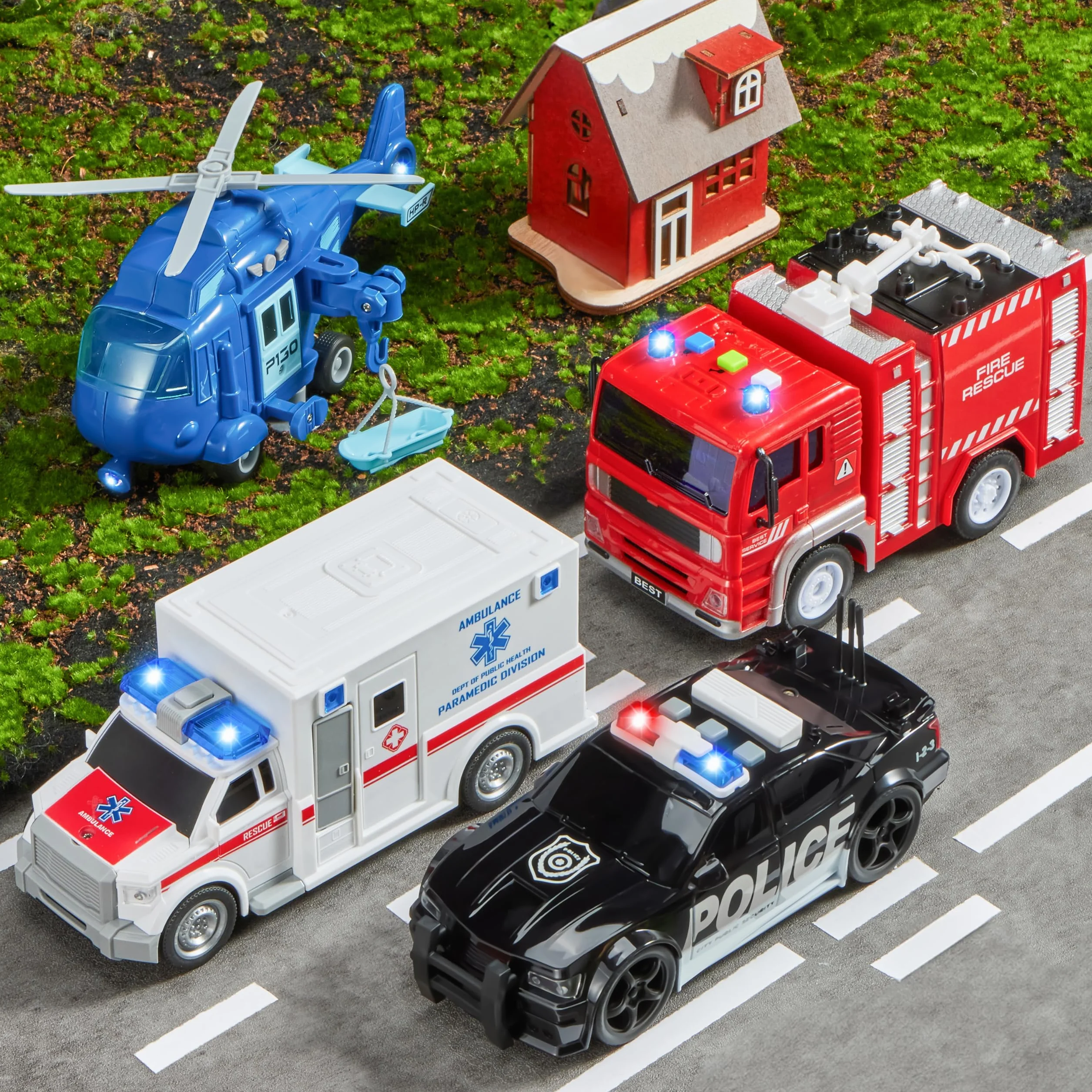 JOYIN Juego de 4 héroes urbanos impulsados por fricción Que Incluye camión de Bomberos, Ambulancia, Coche de policía y helicóptero, vehículos de Emergencia con luz y Sonido