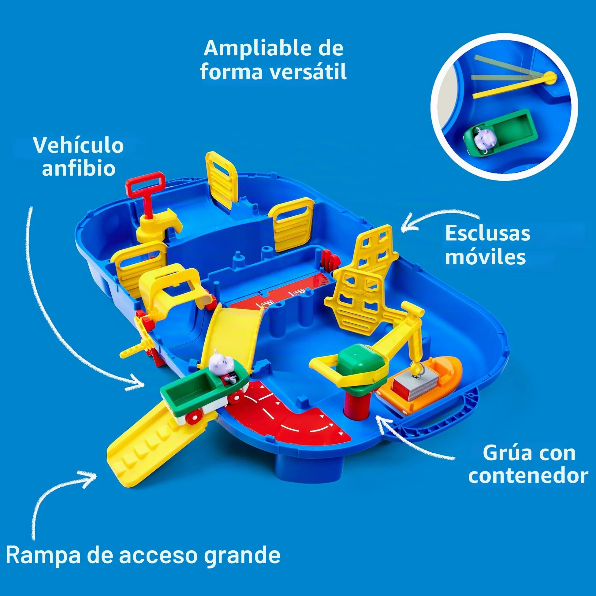 AquaPlay - LockBox - Waterway como maletín de Transporte con 27 Piezas, Juego Que Incluye 1 Hippo Wilma, Coche Anfibio y Bote contenedor, para niños a Partir de 3 años, 8700001516, Color Azul