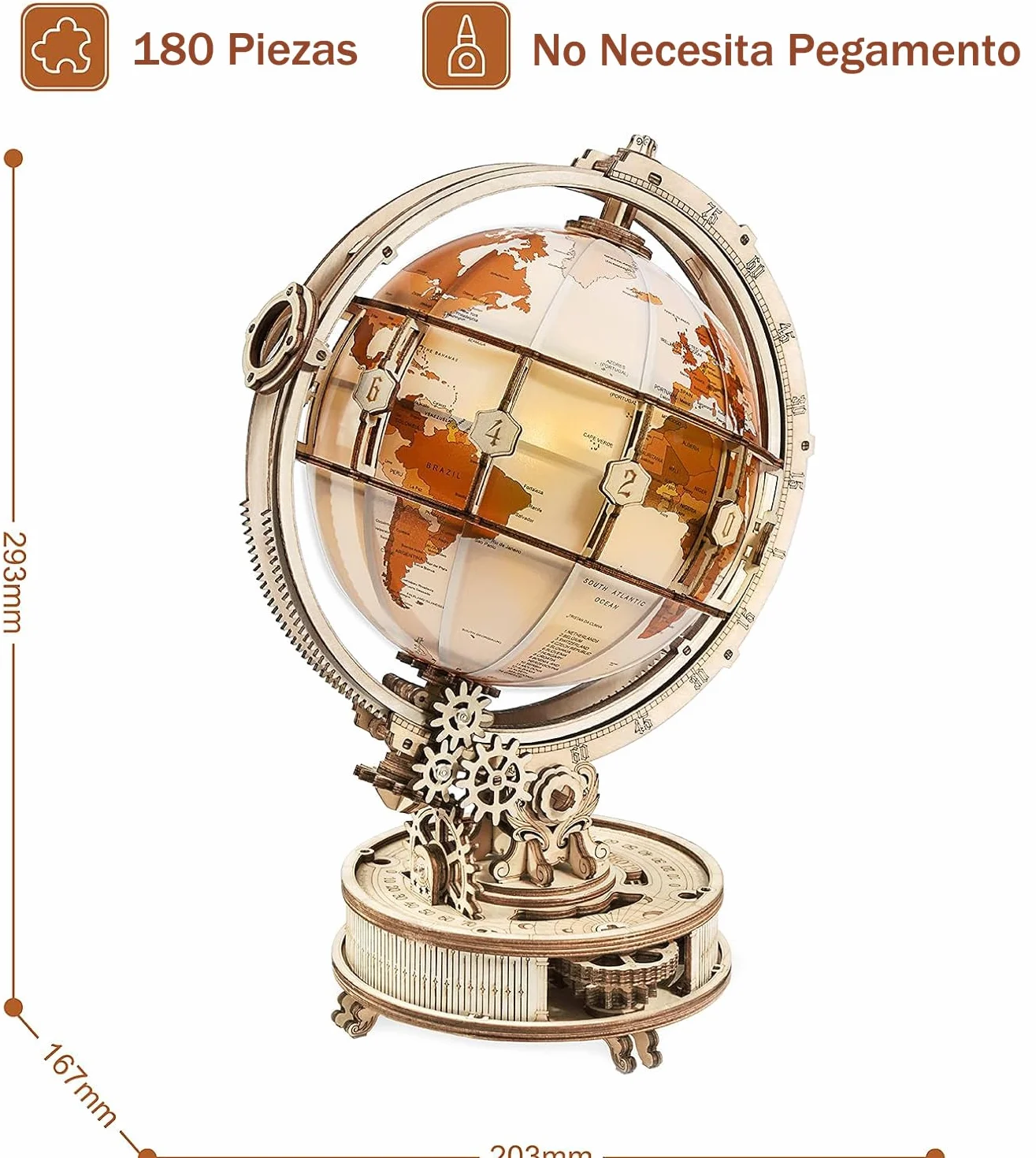 ROKR Puzzle 3D Madera Globo Luminoso Maquetas de Madera para Construir Maquetas para Montar, 180 Piezas, Luminous Globe