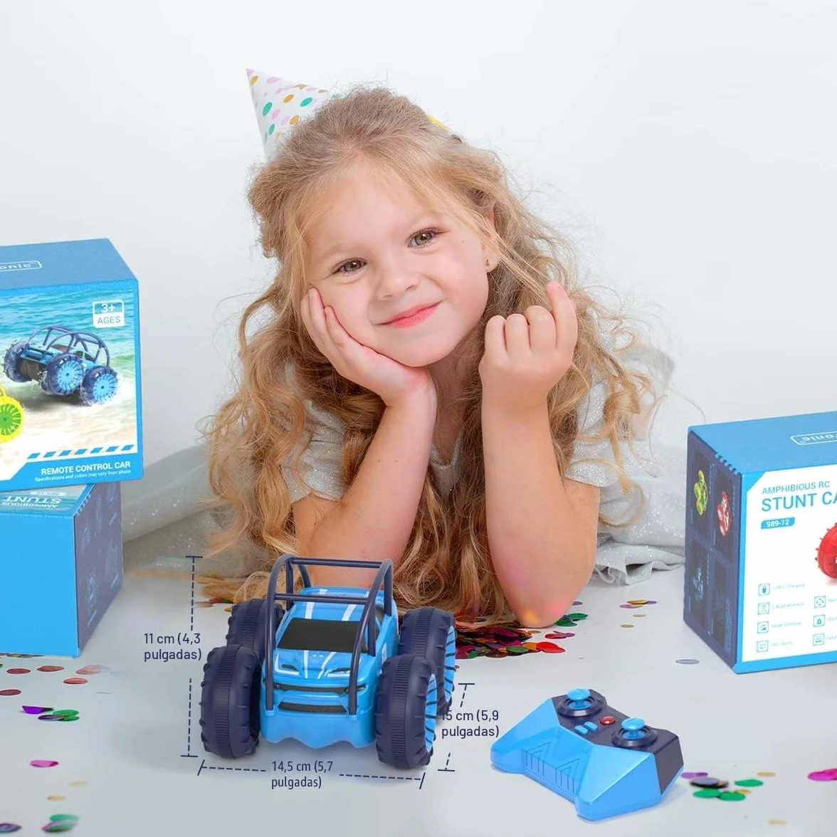 MaxTronic Coche Teledirigido Anfibio 2.4G 360° 15KM/H 4WD Acrobacias Todoterreno LED Ajustable para Niños 3-12 Años