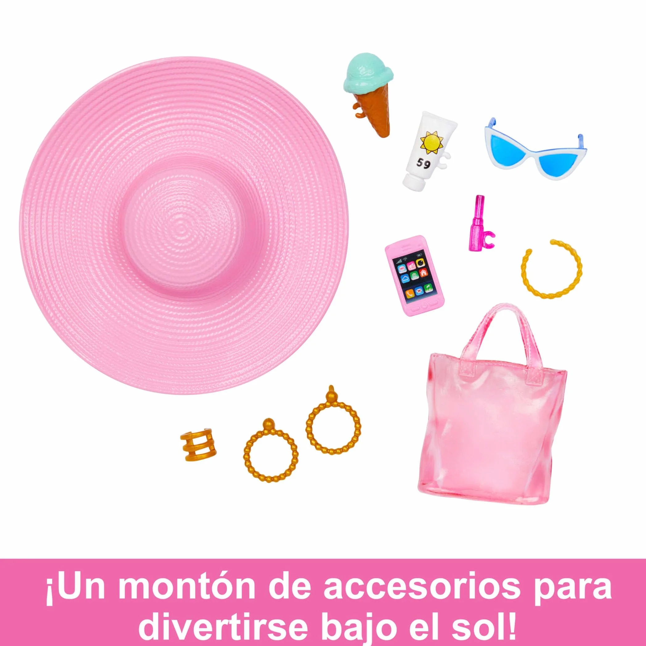 Barbie Muñeca Rubia con Traje de baño Rosa y Blanco, Sombrero, Bolso y Accesorios de Playa +3 años, HPL73