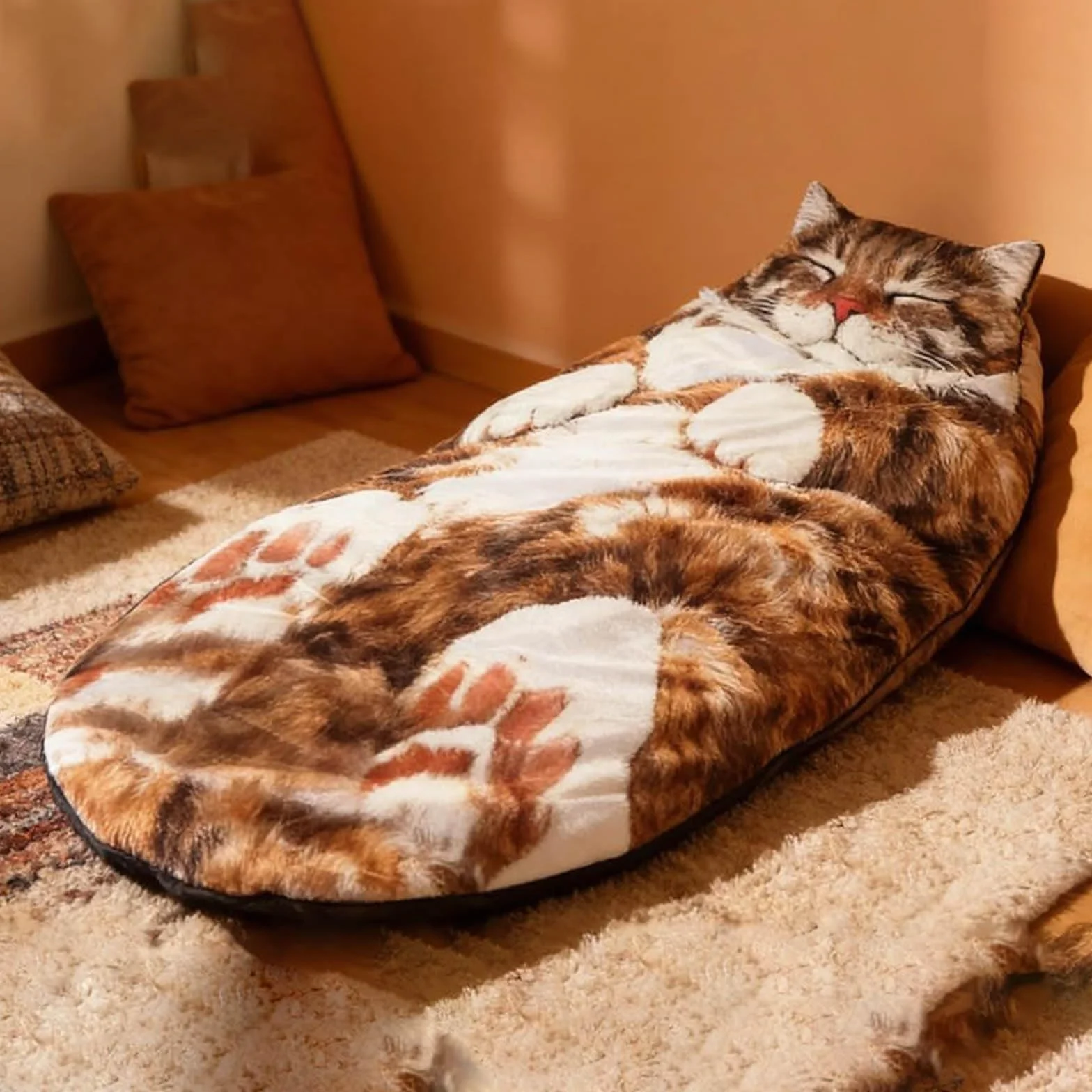 Saco de dormir de felpa con estampado de gato, saco de dormir de animales adultos, diseño de sobre de felpa gigante, lavable a máquina, manta cálida con temática de gato lindo para el hogar, camping