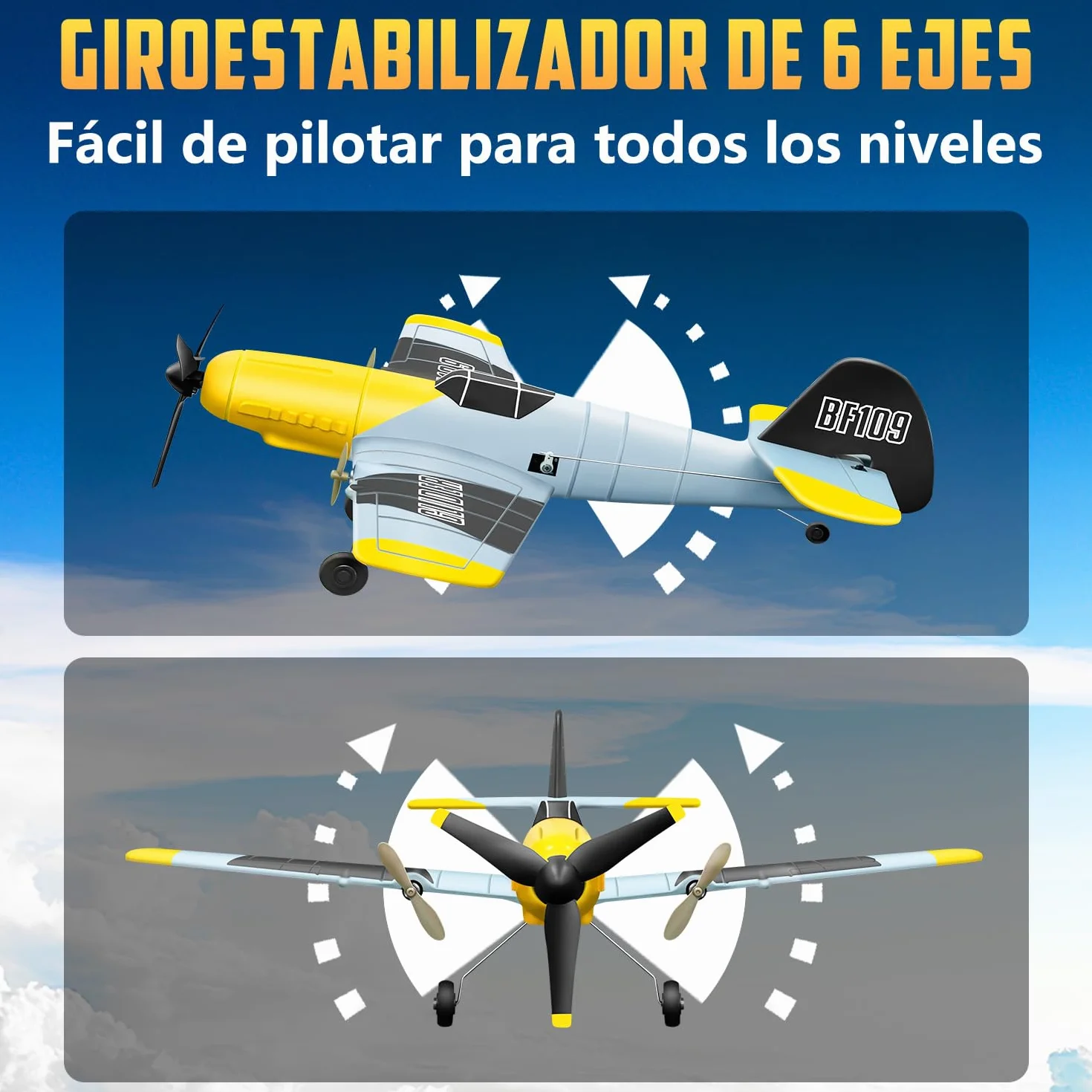 HAWK'S WORK 3 Canales RC Avión BF-109, Avión Teledirigido Listo para Volar, 2.4GHz Estabilizador Giroscópico de 6 Ejes, Fácil de Volar para Niños y Principiantes