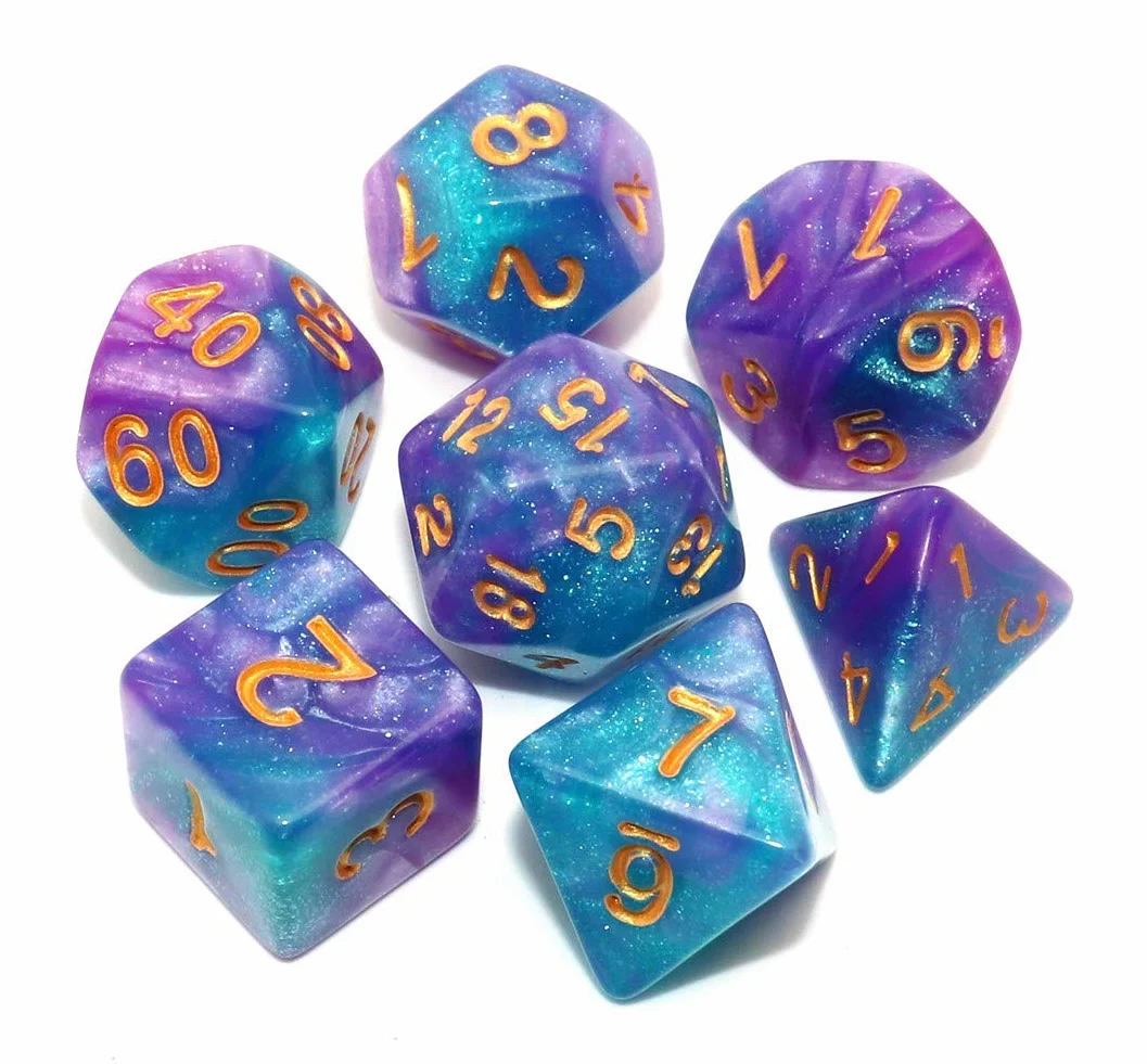 DND - Dados Poliédricos Azul y Morado con Purpurina para Dungeon and Dragons D&D, Juego de Rol y Mesa