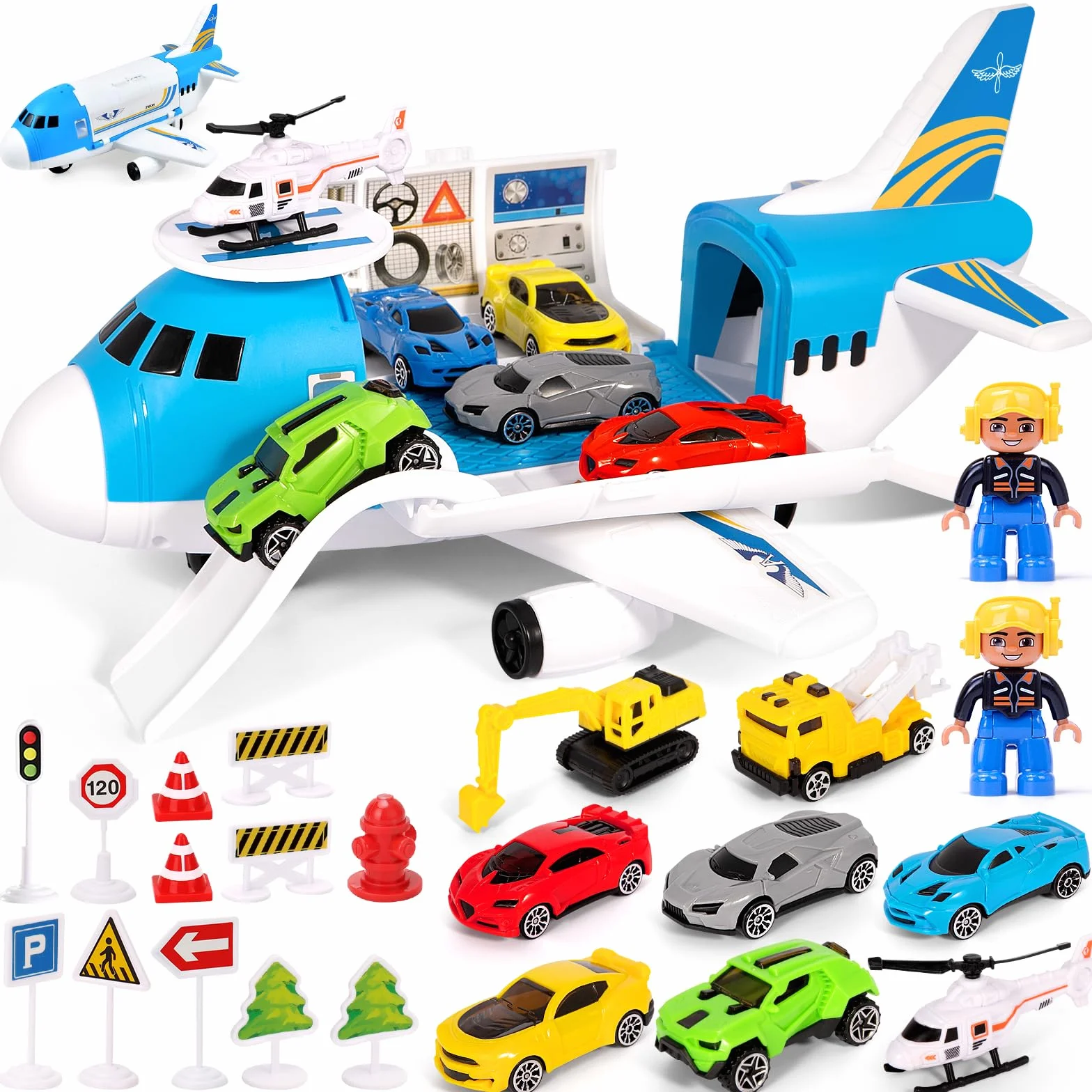 Aviones de Juguete,Juego Avión de Transporte,Juego de Juguetes de Avión con 7 Coches de Juguetes y 1 Helicóptero, Juegos y Juguetes Niños Educativos, Regalo para Niños y Niñas Mayores 3 Años