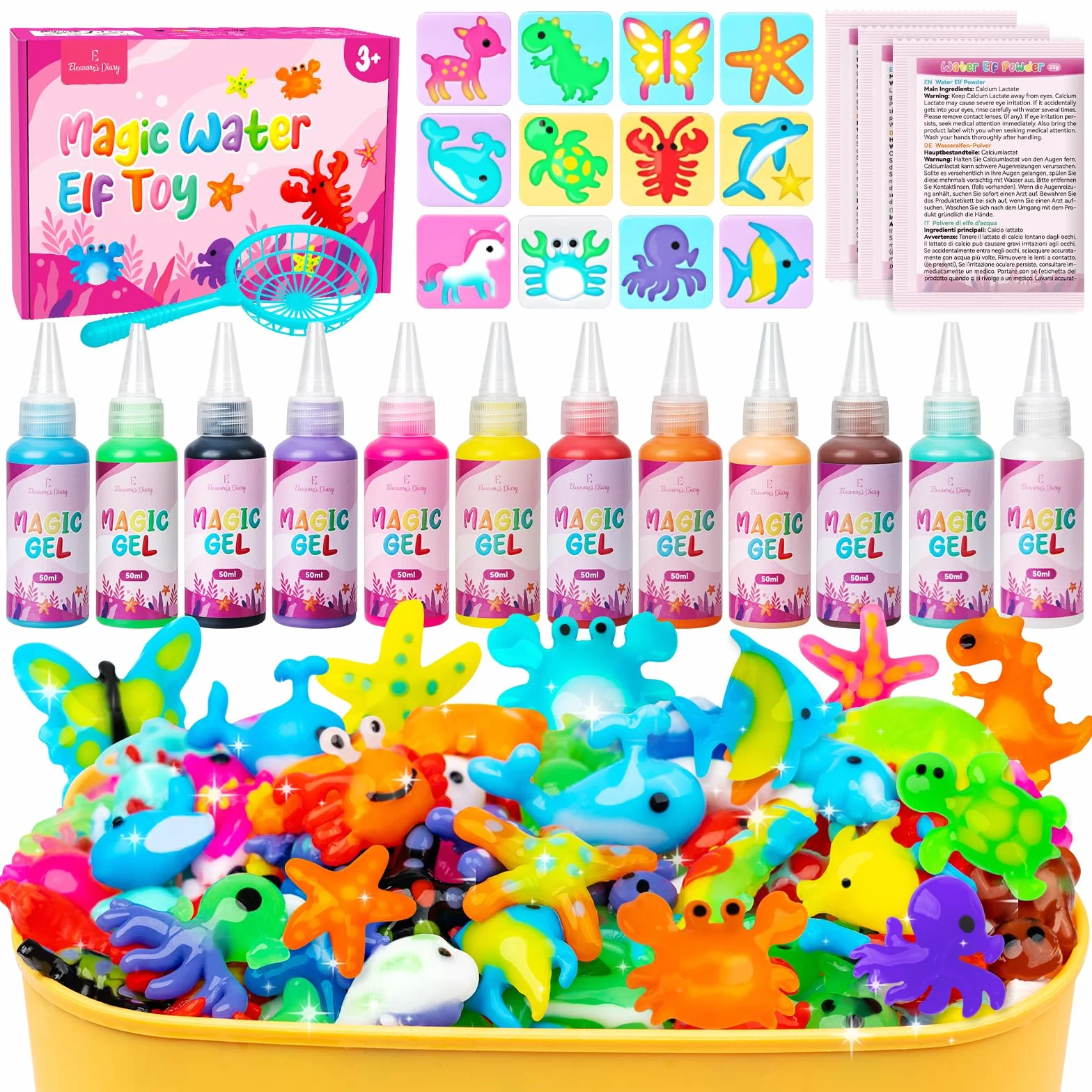 Eleanore's Diary Aqua Gelz Creative Set, Magic Water Elf, Aquagelz 3D Creative Set de Geles Mágicos Océano, Kits de dibujo para Niños con 12 Botellas de Gel de Color y 12 Formas, Juego Dibujo Niños
